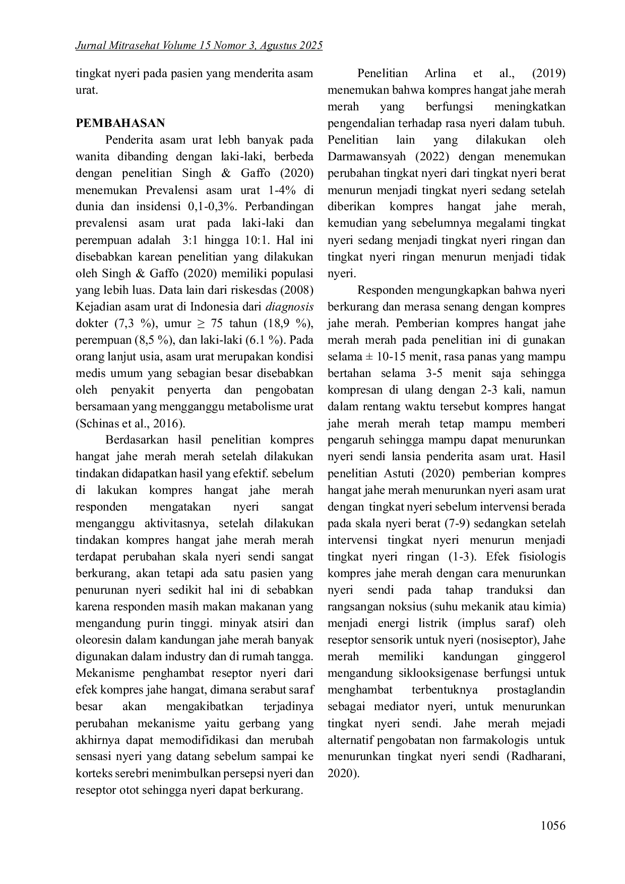 JURIS PENGARUH KOMPRES HANGAT JAHE MERAH TERHADAP TINGKAT NYERI PADA PASIEN ASAM URAT DI PUSKESMAS BAREBBO