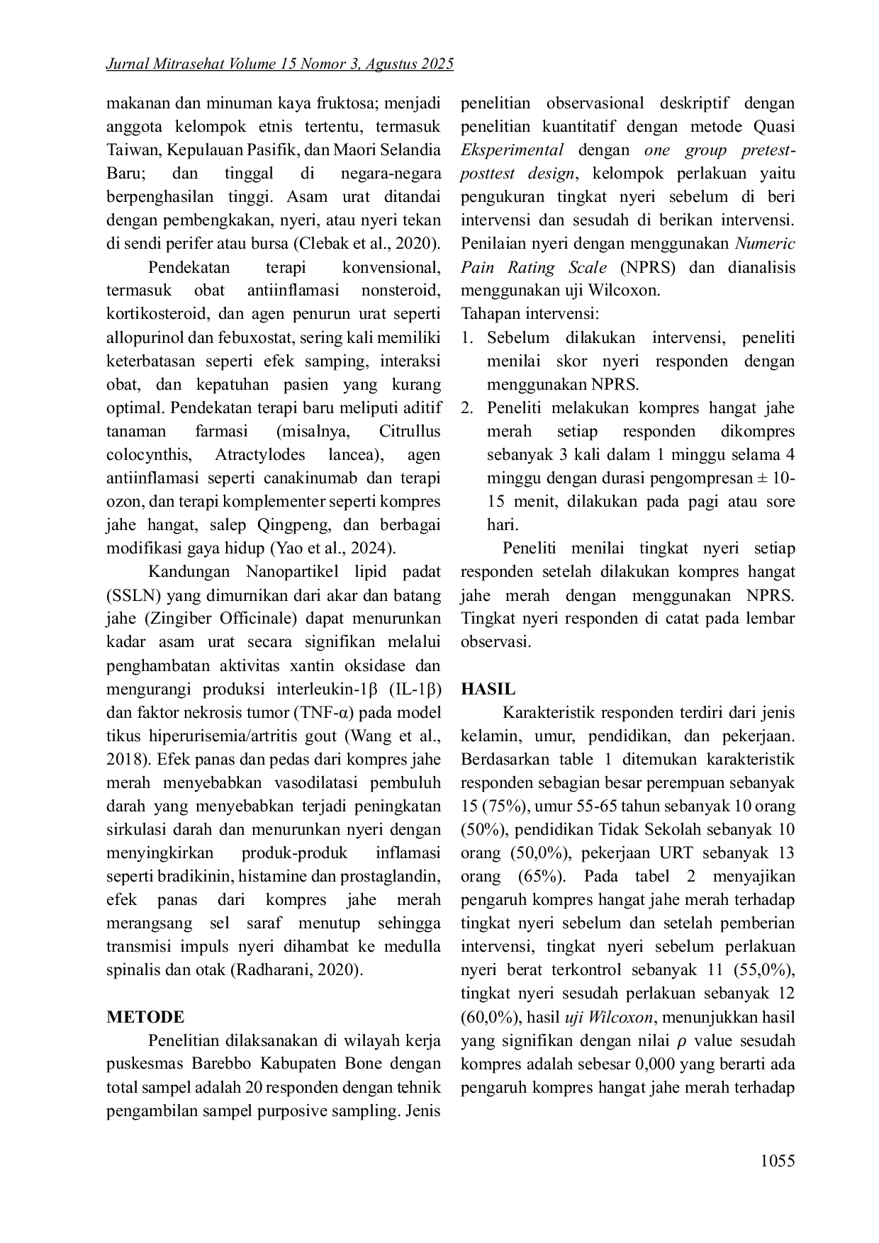 JURIS PENGARUH KOMPRES HANGAT JAHE MERAH TERHADAP TINGKAT NYERI PADA PASIEN ASAM URAT DI PUSKESMAS BAREBBO