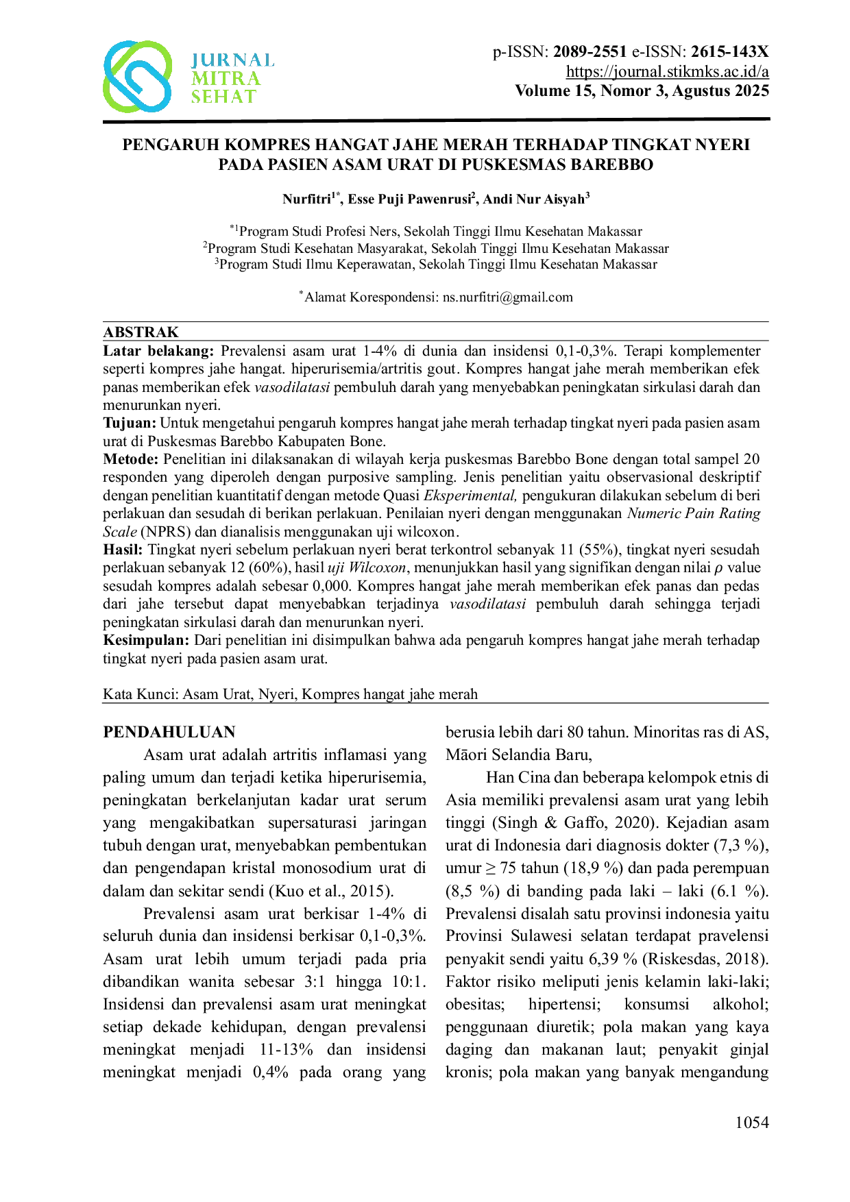 JURIS PENGARUH KOMPRES HANGAT JAHE MERAH TERHADAP TINGKAT NYERI PADA PASIEN ASAM URAT DI PUSKESMAS BAREBBO