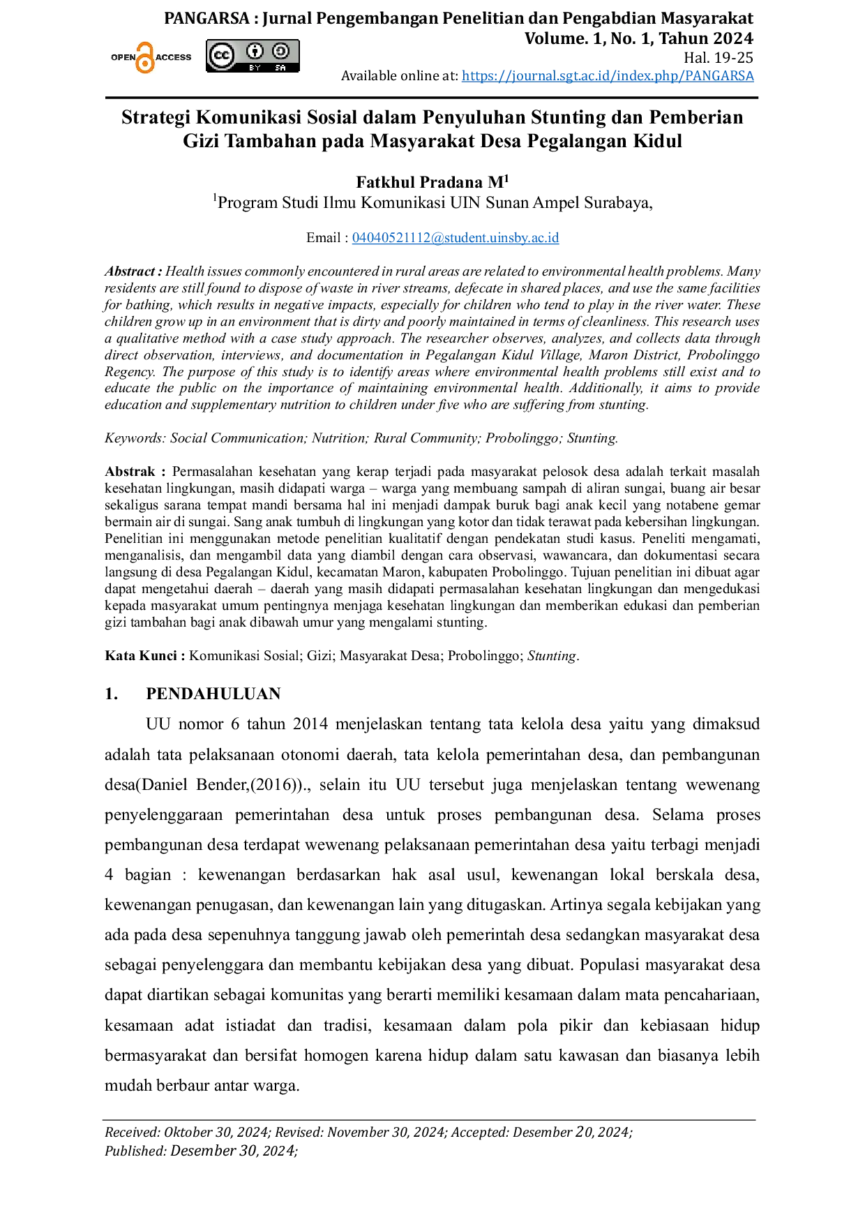 JURIS Strategi Komunikasi Sosial dalam Penyuluhan Stunting dan Pemberian Gizi Tambahan pada Masyarakat Desa Pegalangan Kidul