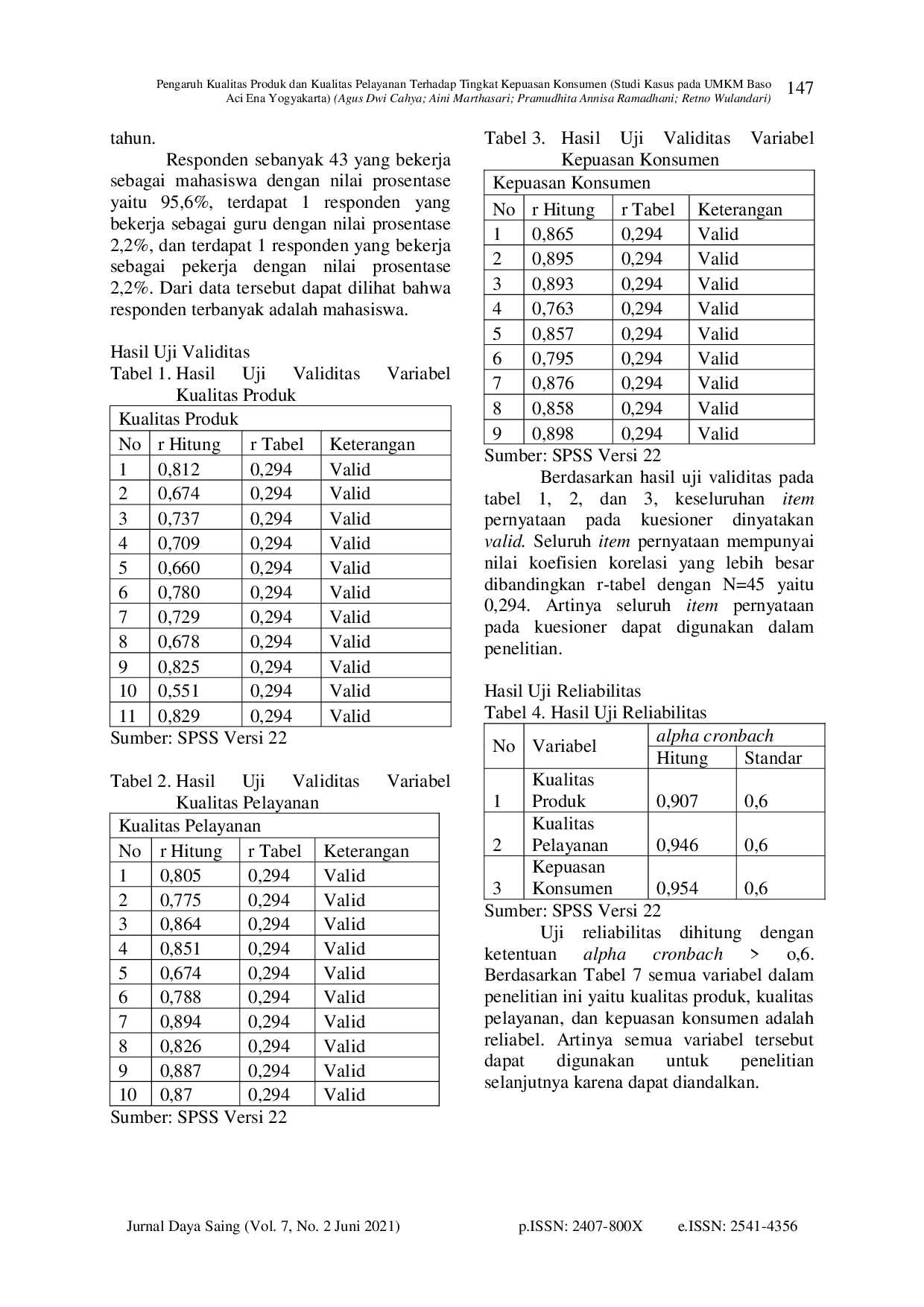 juris PENGARUH KUALITAS PRODUK DAN KUALITAS PELAYANAN TERHADAP TINGKAT KEPUASAN KONSUMEN Studi Kasus pada UMKM Baso Aci Ena Yogyakarta