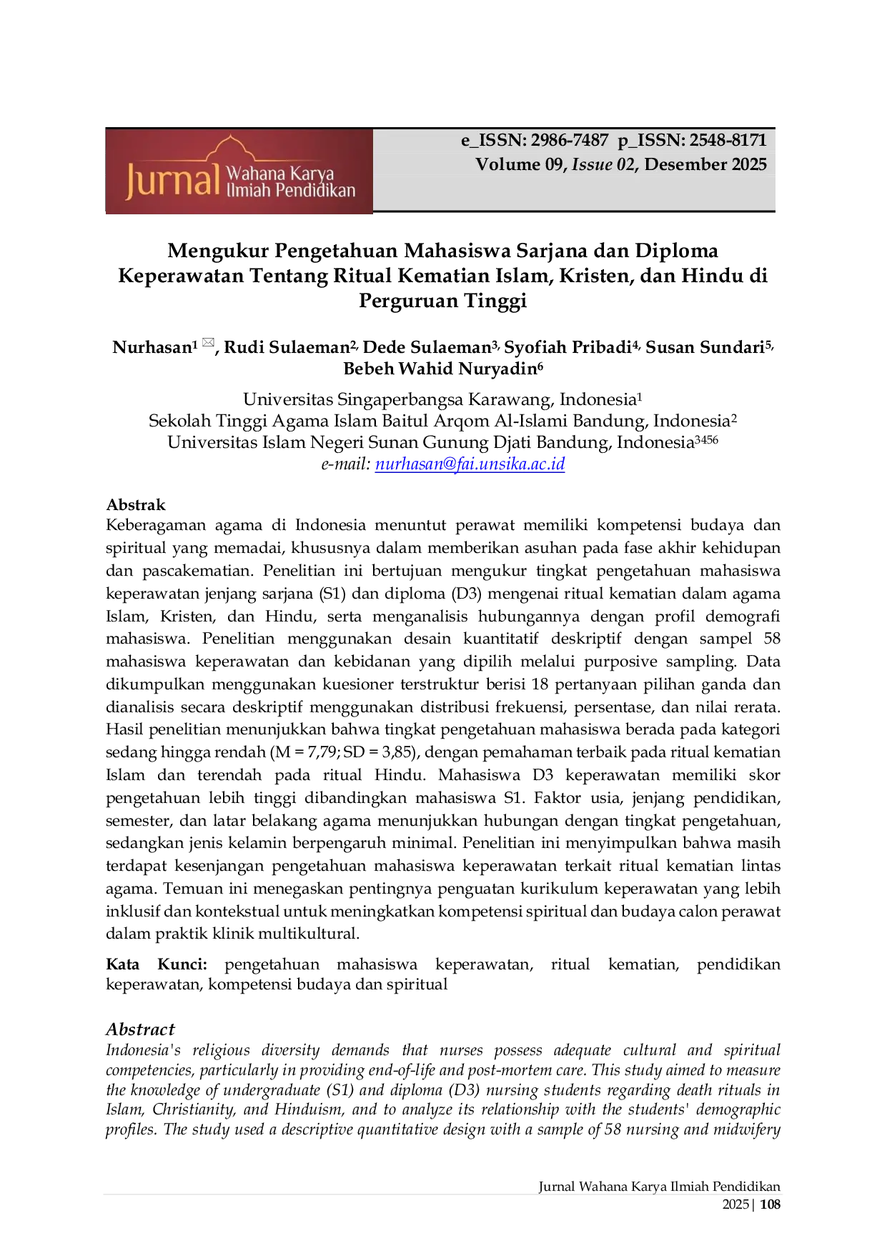 JURIS Mengukur Pengetahuan Mahasiswa Sarjana dan Diploma Keperawatan Tentang Ritual Kematian Islam Kristen dan Hindu di Perguruan Tinggi