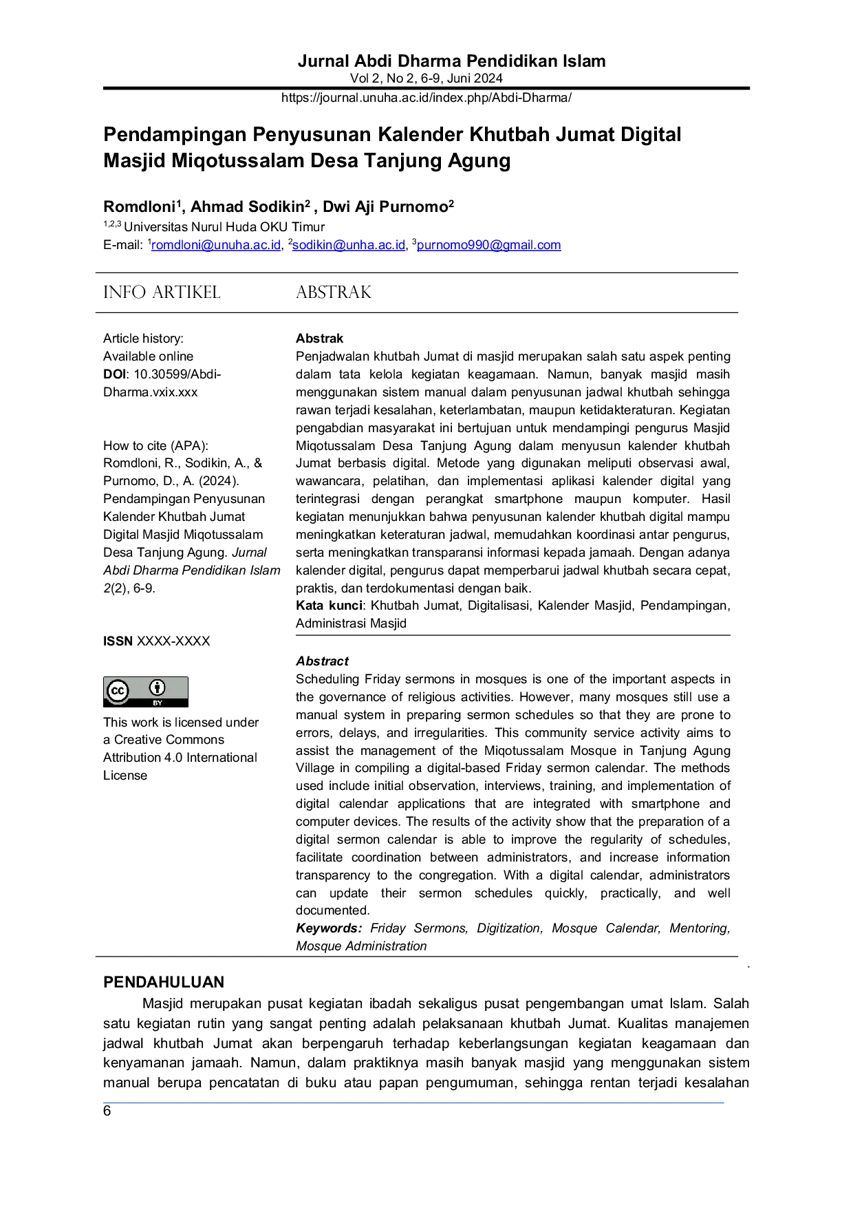 JURIS Assistance in Developing a Digital Friday Sermon Calendar for Miqotussalam Mosque Tanjung Agung Village