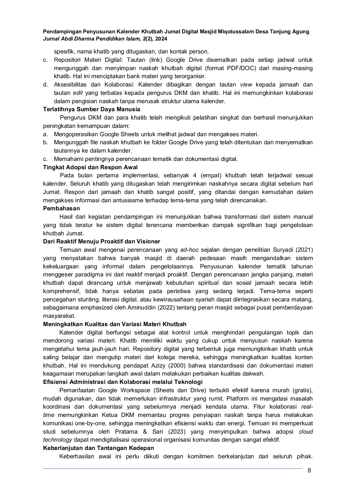 JURIS Assistance in Developing a Digital Friday Sermon Calendar for Miqotussalam Mosque Tanjung Agung Village