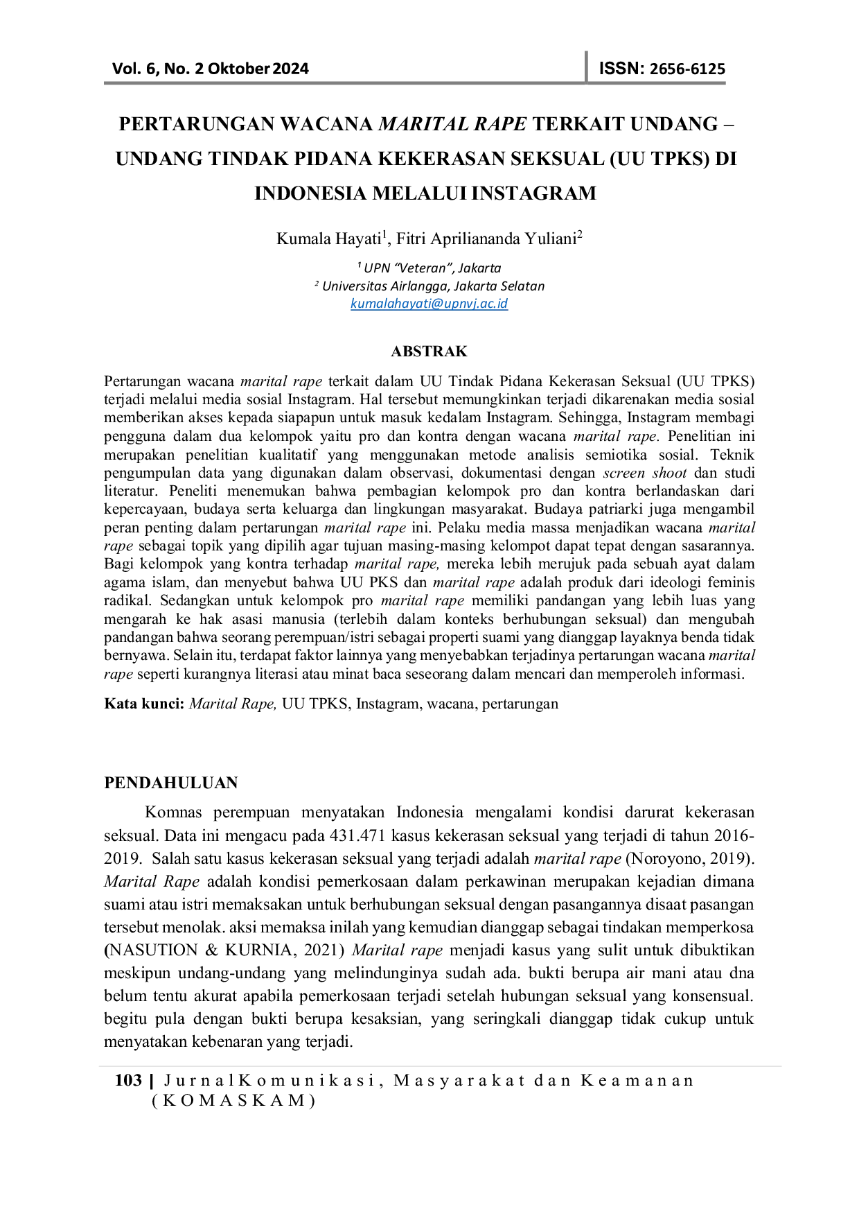 JURIS Pertarungan Wacana Marital Rape Terkait Undang Undang Tindak Pidana Kekerasan Seksual UU TPKS di Indonesia Melalui Instagram