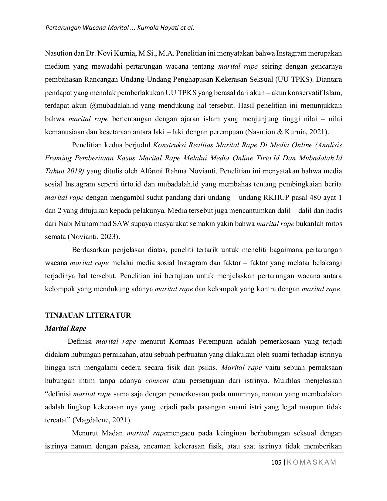 JURIS Pertarungan Wacana Marital Rape Terkait Undang Undang Tindak Pidana Kekerasan Seksual UU TPKS di Indonesia Melalui Instagram