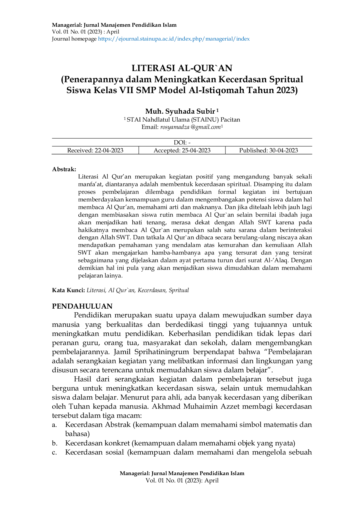 JURIS LITERASI AL QUR AN Penerapannya dalam Meningkatkan Kecerdasan Spritual Siswa Kelas VII SMP Model Al Istiqomah Tahun 2023