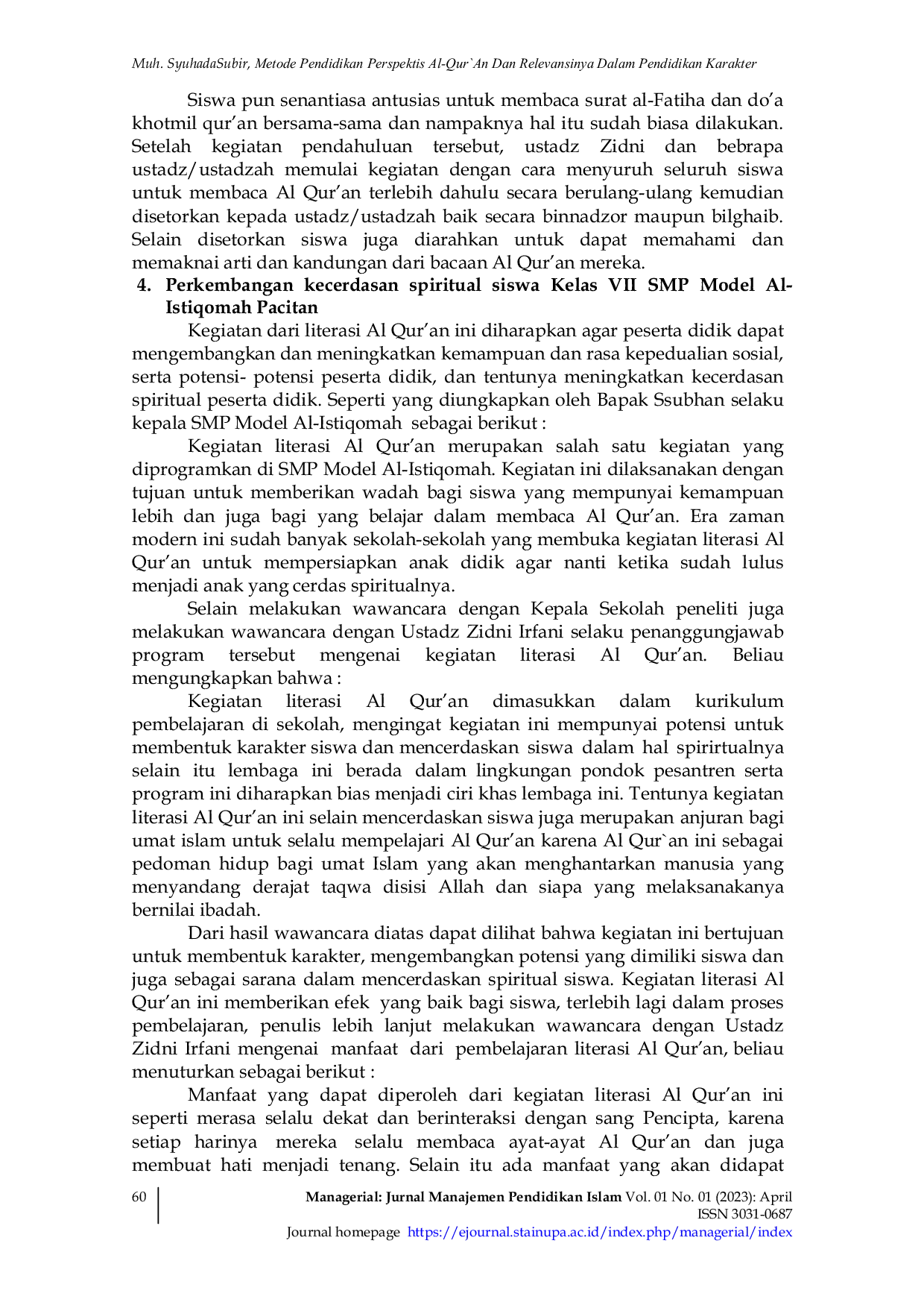 JURIS LITERASI AL QUR AN Penerapannya dalam Meningkatkan Kecerdasan Spritual Siswa Kelas VII SMP Model Al Istiqomah Tahun 2023