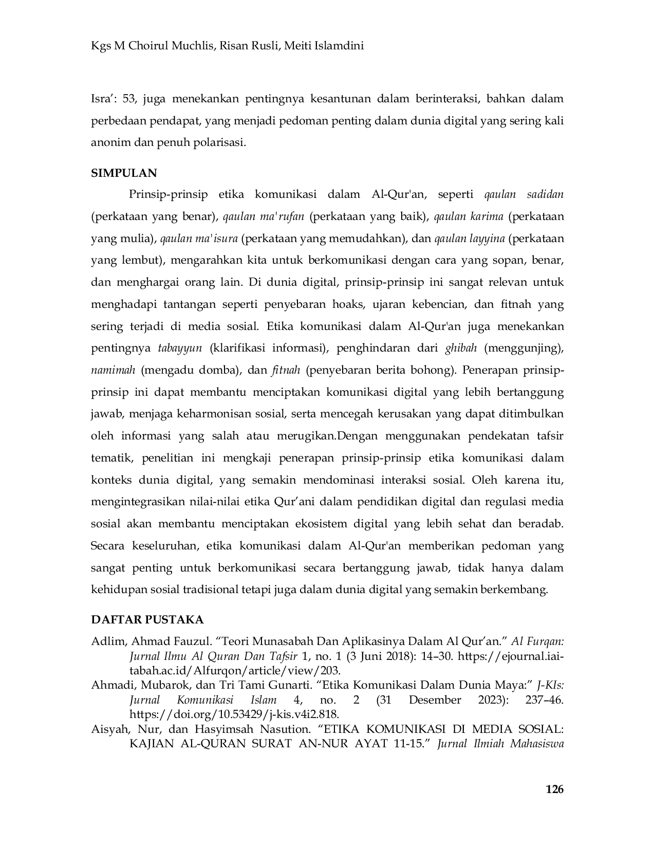 JURIS Konsep Etika Komunikasi Dalam Al Qur an Dan Relevansinya Terhadap Praktik Komunikasi Digital Abad Ke 21 Studi Tafsir Tematik