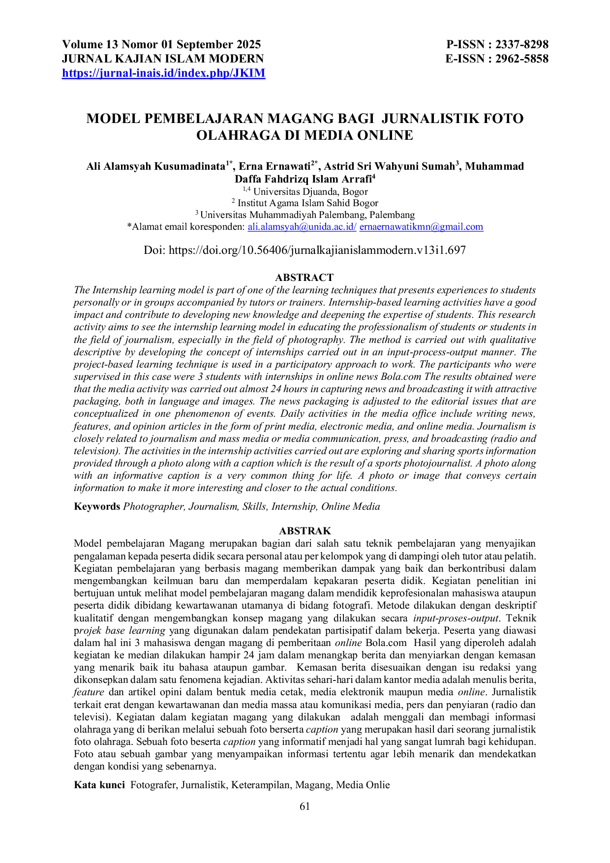 JURIS Model Pembelajaran Magang Bagi Jurnalistik Foto Olahraga Di Media Online