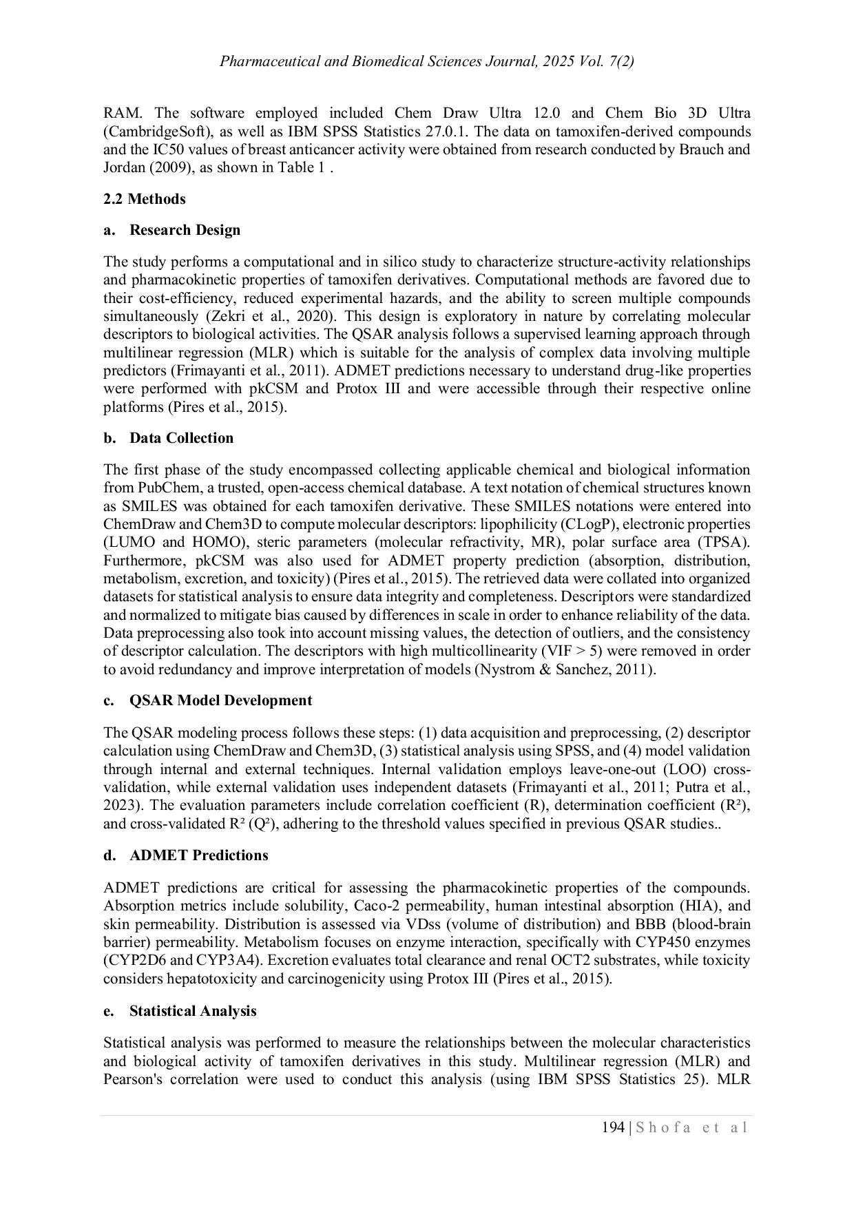 JURIS QSAR Analysis and ADMET Prediction of Tamoxifen Derivatives Using LFER Hansch Model