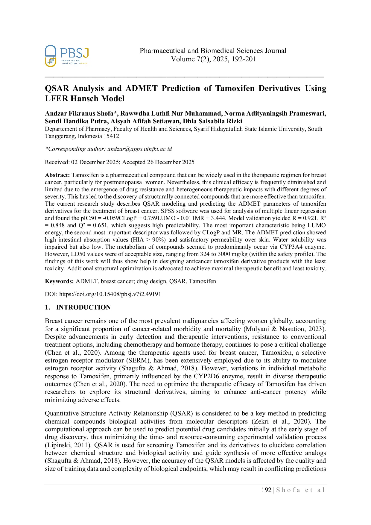 JURIS QSAR Analysis and ADMET Prediction of Tamoxifen Derivatives Using LFER Hansch Model