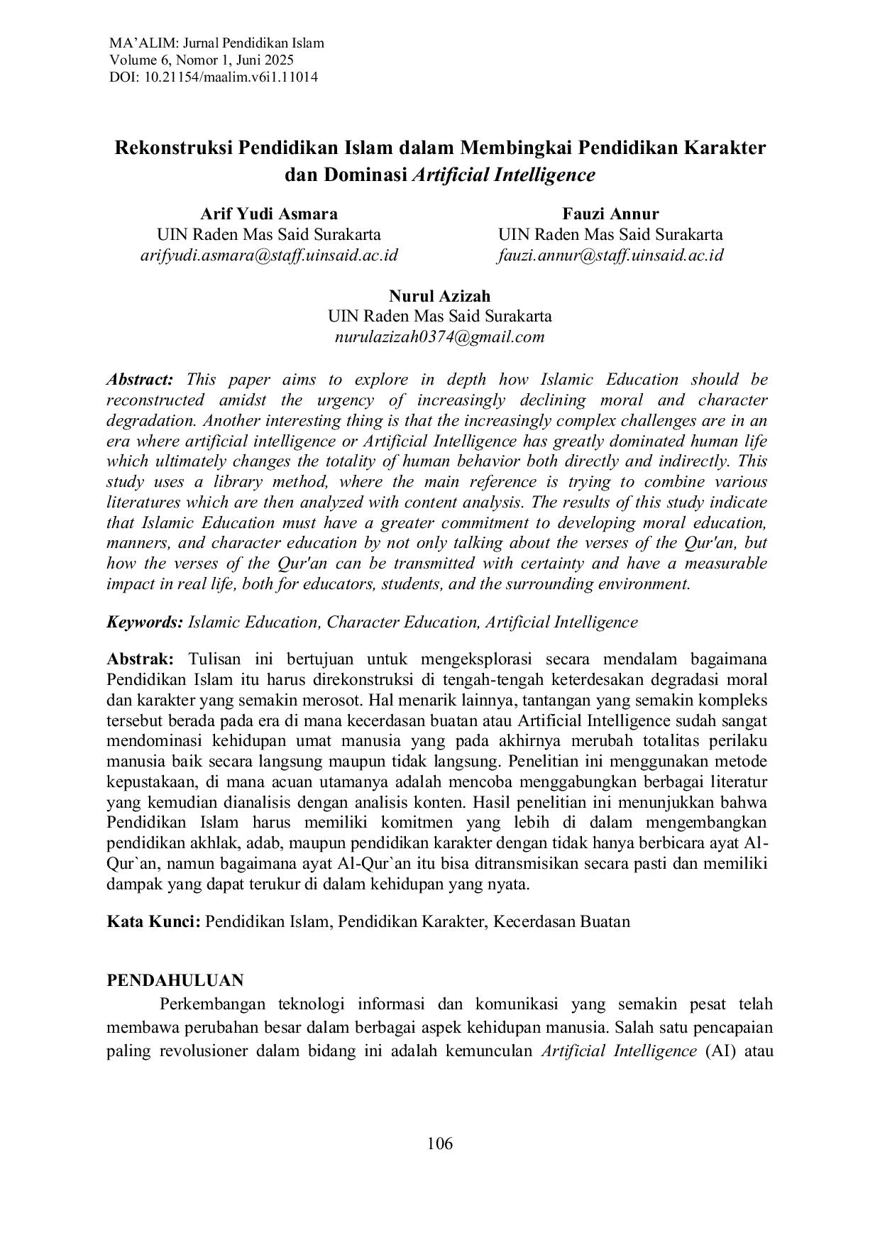 JURIS Rekonstruksi Pendidikan Islam dalam Membingkai Pendidikan Karakter dan Dominasi Artificial Intelligence