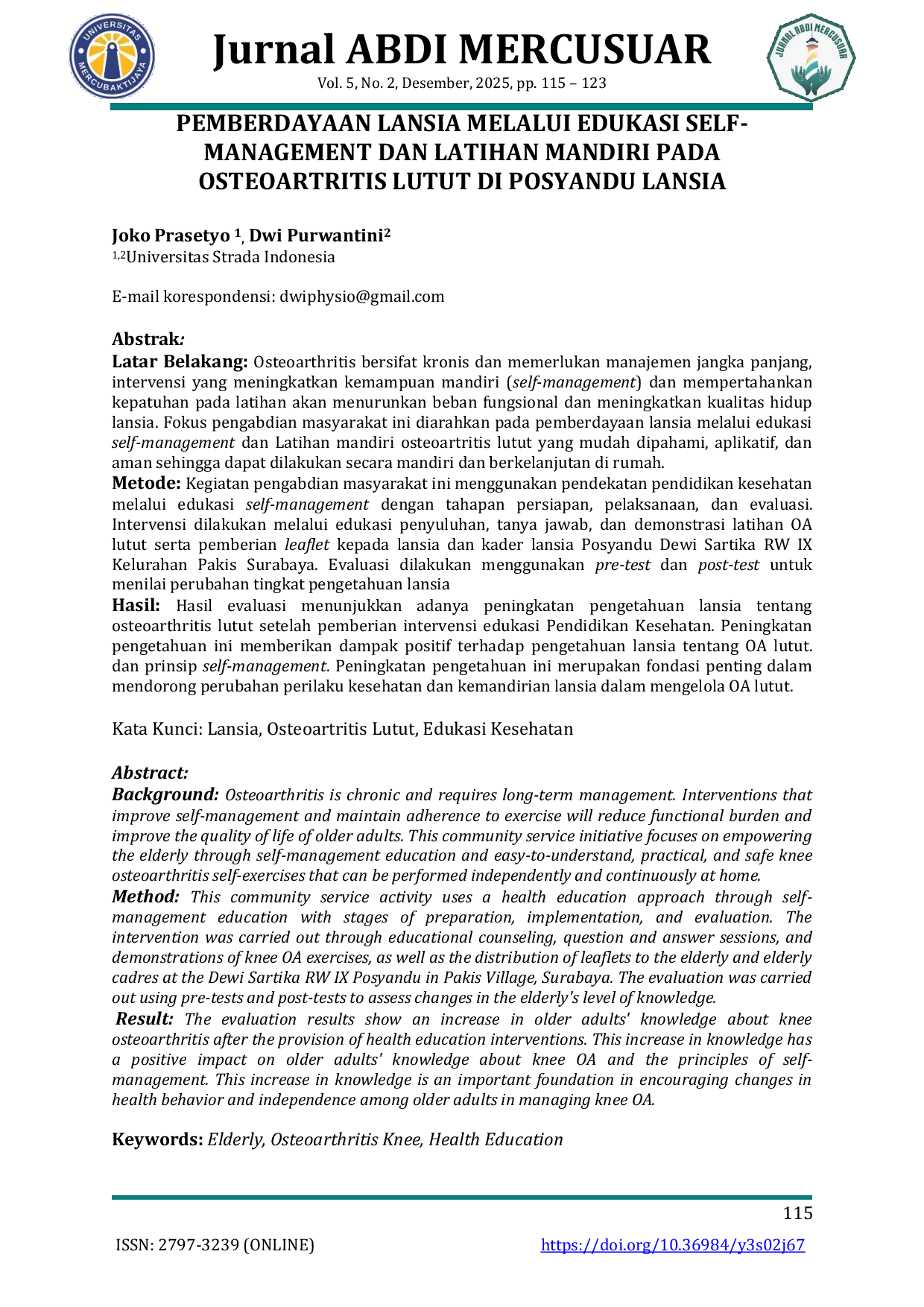 JURIS Pemberdayaan Lansia Melalui Edukasi Self Management dan Latihan Mandiri pada Osteoartritis Lutut di Posyandu Lansia