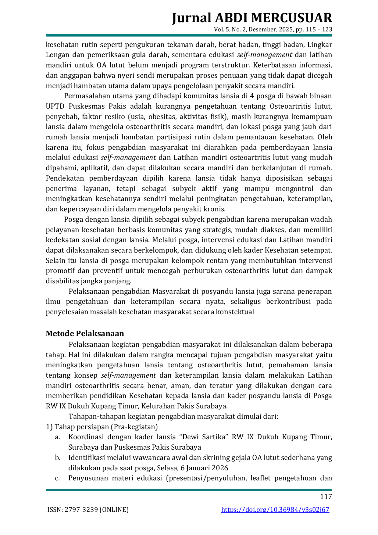 JURIS Pemberdayaan Lansia Melalui Edukasi Self Management dan Latihan Mandiri pada Osteoartritis Lutut di Posyandu Lansia