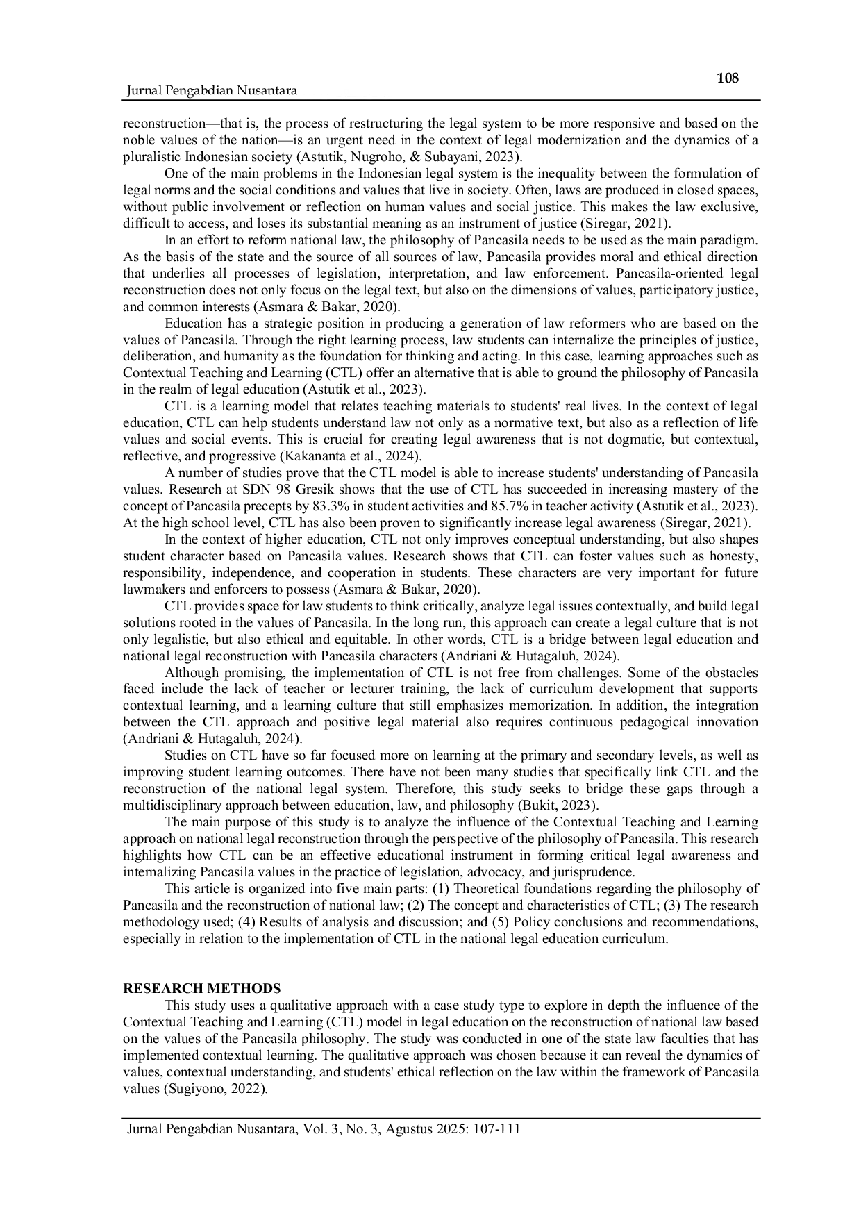 JURIS The Influence of the Contextual Teaching and Learning Model on the Reconstruction of National Law in the Perspective of the Philosophy of Pancasila