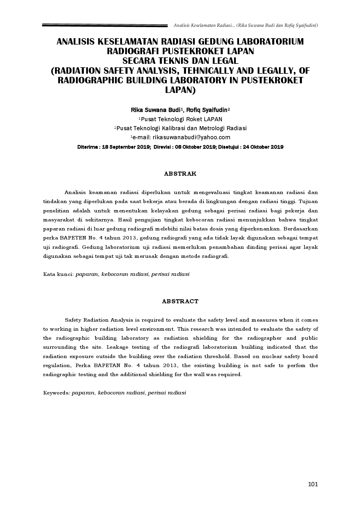 juris AnaLISIS KESELAMATAN RADIASI GEDUNG LABORATORIUM RADIOGRAFI PUSTEKROKET LAPAN SECARA TEKNIS DAN LEGAL