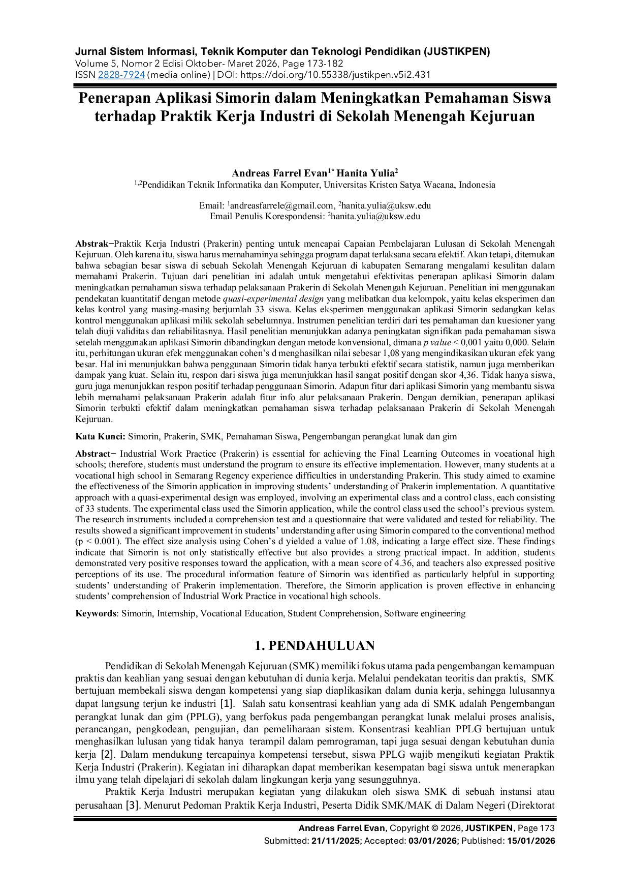 JURIS Penerapan Aplikasi Simorin dalam Meningkatkan Pemahaman Siswa terhadap Praktik Kerja Industri di Sekolah Menengah Kejuruan