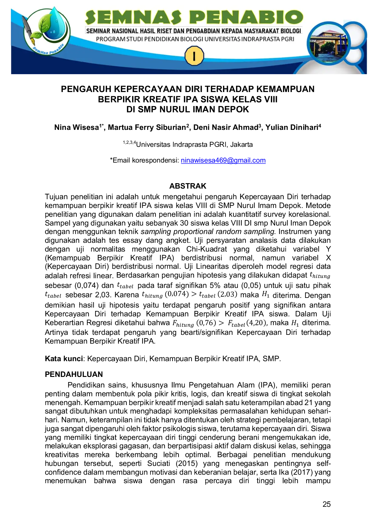 JURIS Pengaruh Kepercayaan Diri Terhadap Kemampuan Berpikir Kreatif IPA Siswa Kelas VIII Di SMP Nurul Iman Depok