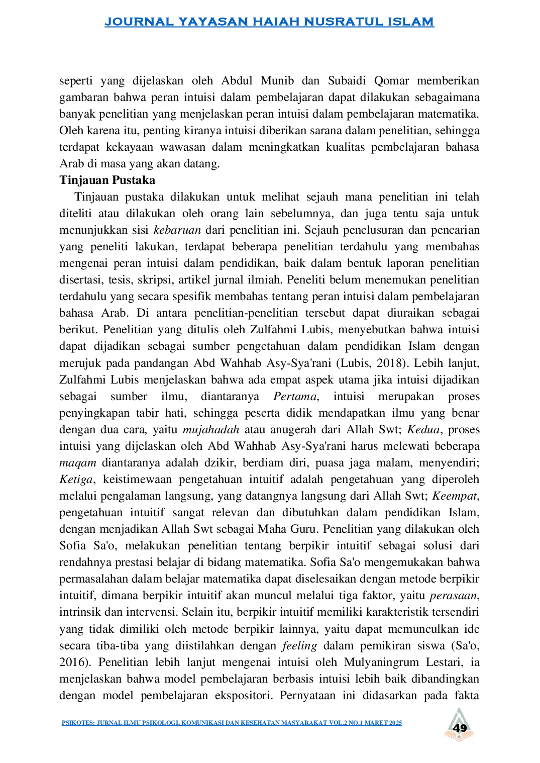 juris Proses Pembelajaran Bahasa Di Pondok Pesantren Fahmussalam Al Aziziyah Dalam Tinjauan Psikologi Intuitif