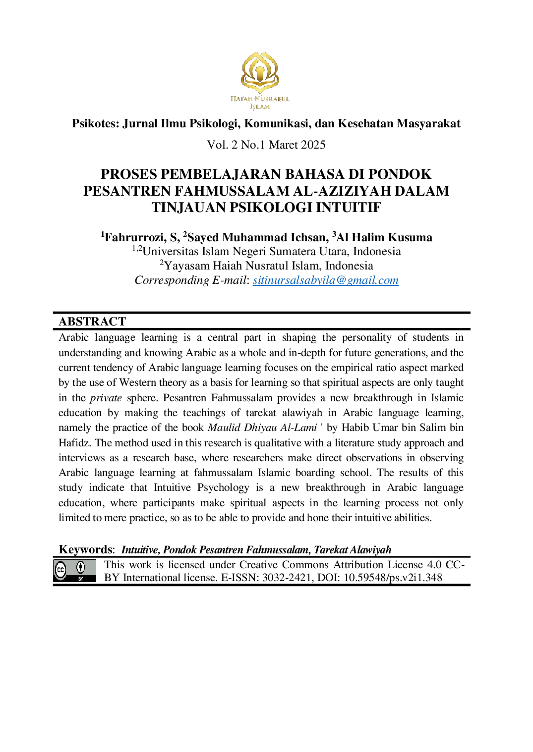juris Proses Pembelajaran Bahasa Di Pondok Pesantren Fahmussalam Al Aziziyah Dalam Tinjauan Psikologi Intuitif