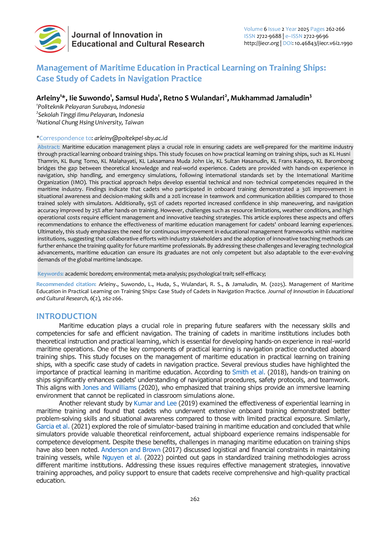JURIS Management of Maritime Education in Practical Learning on Training Ships Case Study of Cadets in Navigation Practice