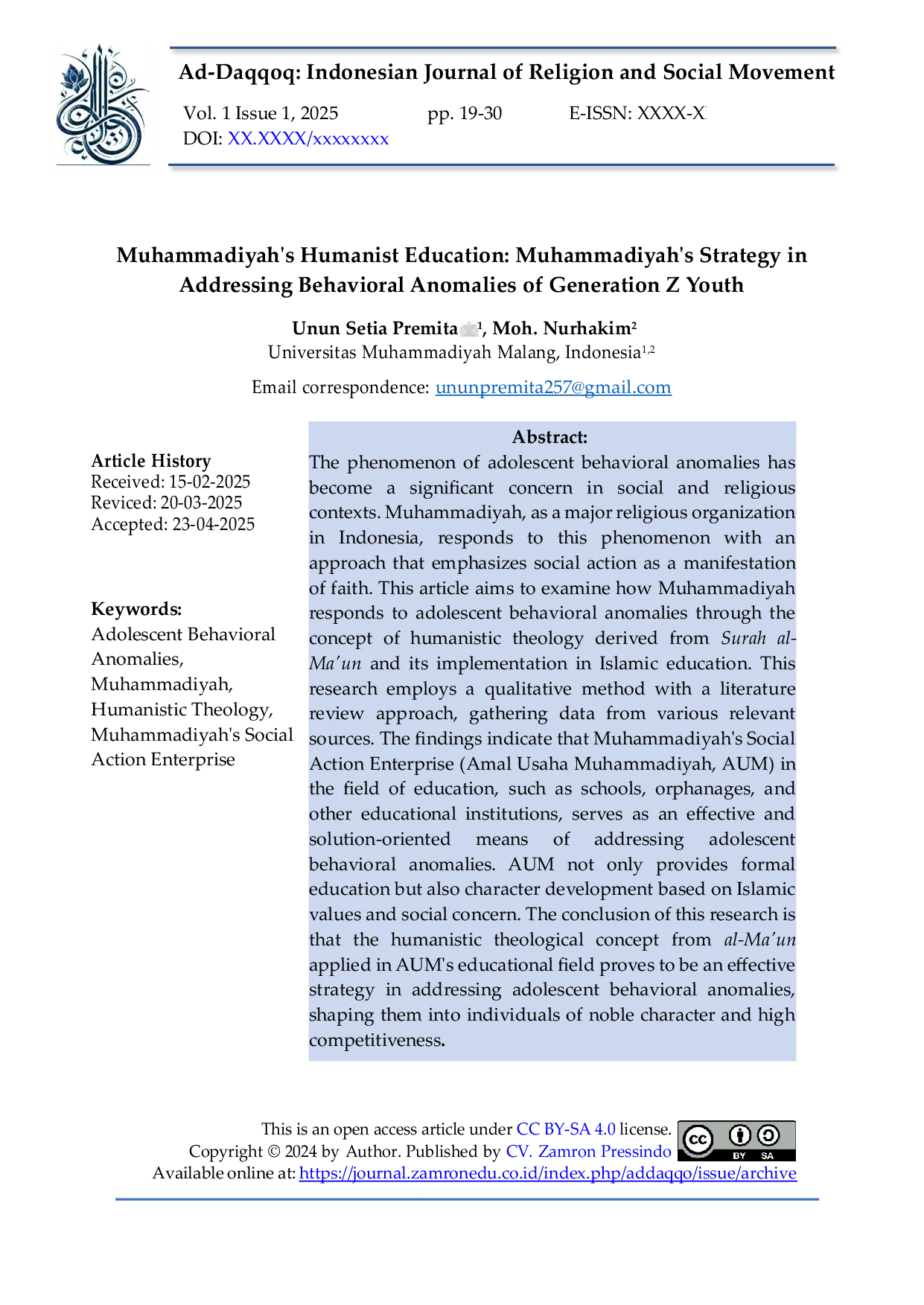 JURIS Muhammadiyah s Humanist Education Muhammadiyah s Strategy in Addressing Behavioral Anomalies of Gen Z Youth