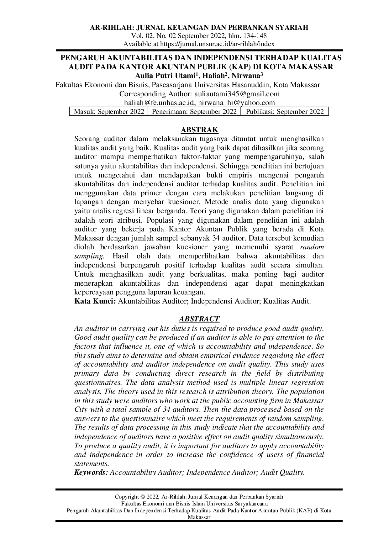 JURIS Pengaruh Akuntabilitas Dan Independensi Terhadap Kualitas Audit Pada Kantor Akuntan Publik KAP Di Kota Makassar