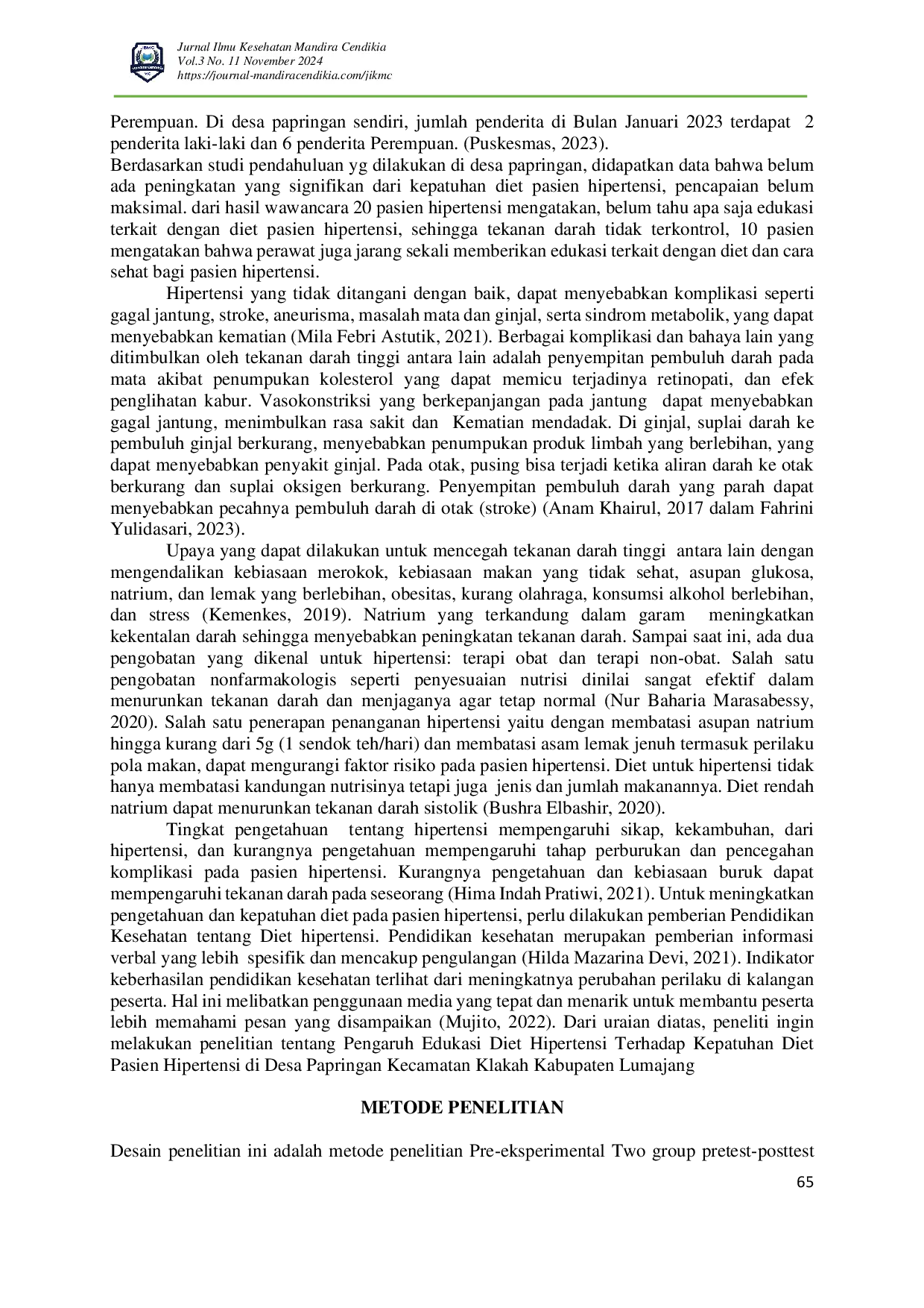juris Pengaruh Edukasi Diet Hipertensi Terhadap Kepatuhan Diet Pasien Hipertensi Di Desa Papringan Kecamatan Klakah Kabupaten Lumajang