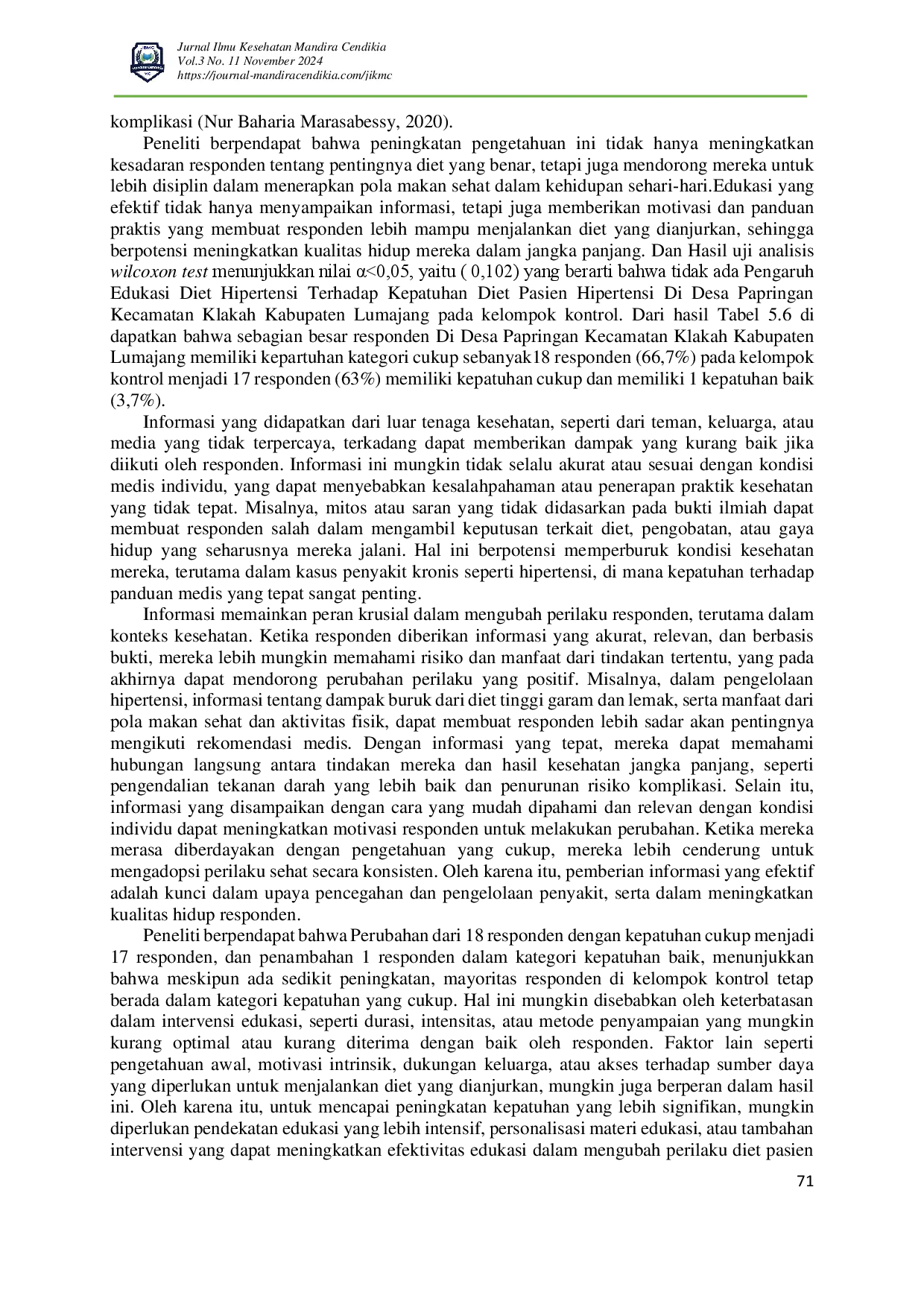 juris Pengaruh Edukasi Diet Hipertensi Terhadap Kepatuhan Diet Pasien Hipertensi Di Desa Papringan Kecamatan Klakah Kabupaten Lumajang