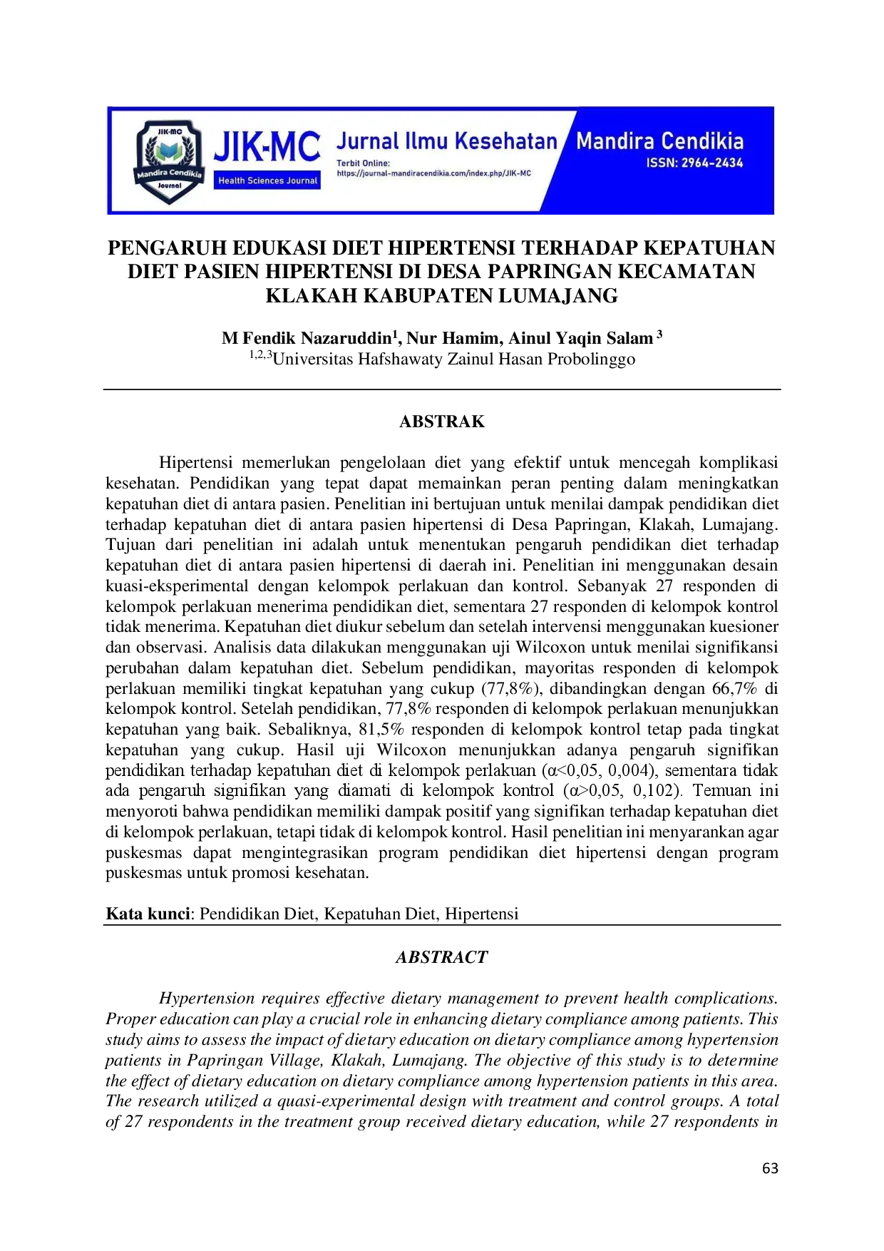 juris Pengaruh Edukasi Diet Hipertensi Terhadap Kepatuhan Diet Pasien Hipertensi Di Desa Papringan Kecamatan Klakah Kabupaten Lumajang