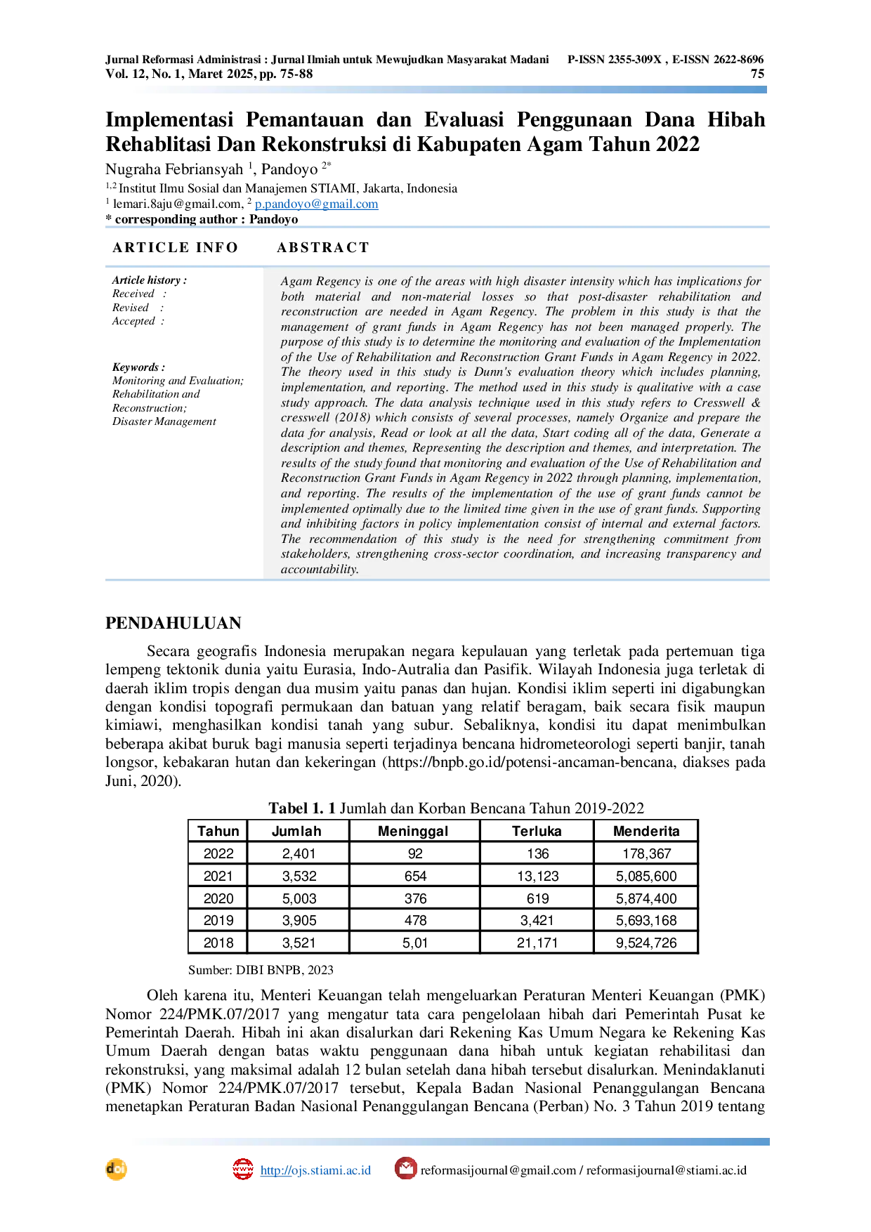 JURIS Implementasi Pemantauan dan Evaluasi Penggunaan Dana Hibah Rehablitasi Dan Rekonstruksi di Kabupaten Agam Tahun 2022