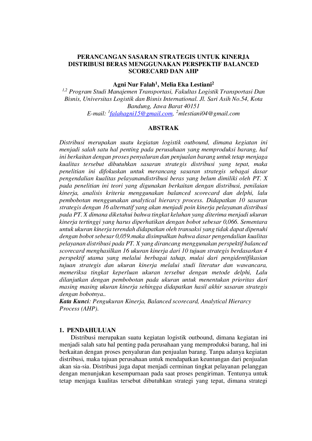 JURIS Perancangan Sasaran Strategis Untuk Kinerja Distribusi Beras Menggunakan Perspektif Balanced Scorecard Dan AHP