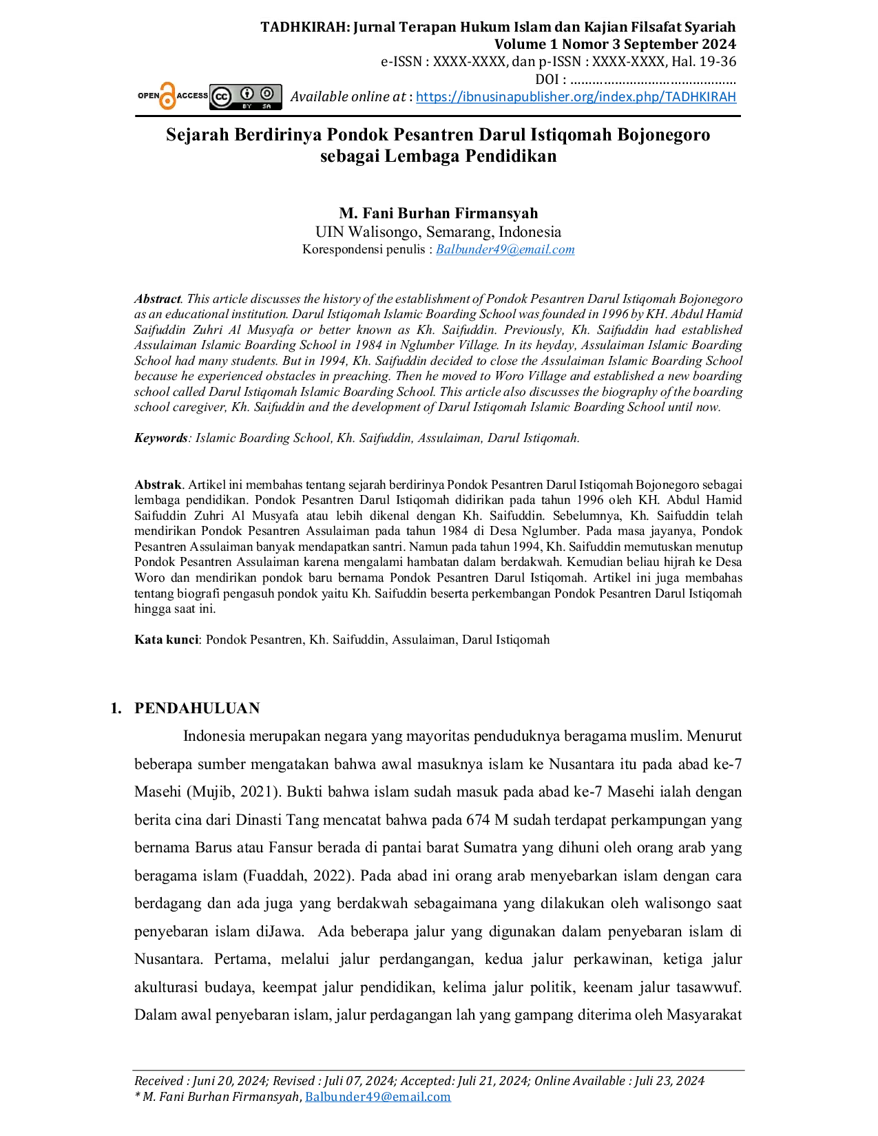 JURIS Sejarah Berdirinya Pondok Pesantren Darul Istiqomah Bojonegoro sebagai Lembaga Pendidikan