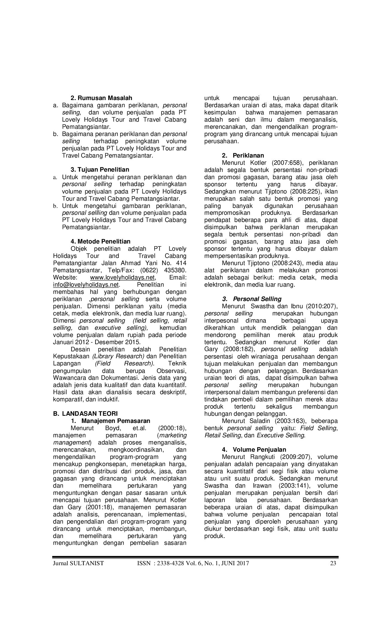 JURIS Peranan Periklanan Dan Personal Selling Terhadap Peningkatan Volume Penjualan Pada Pt Lovely Holidays Tour And Travel Cabang Pematangsiantar