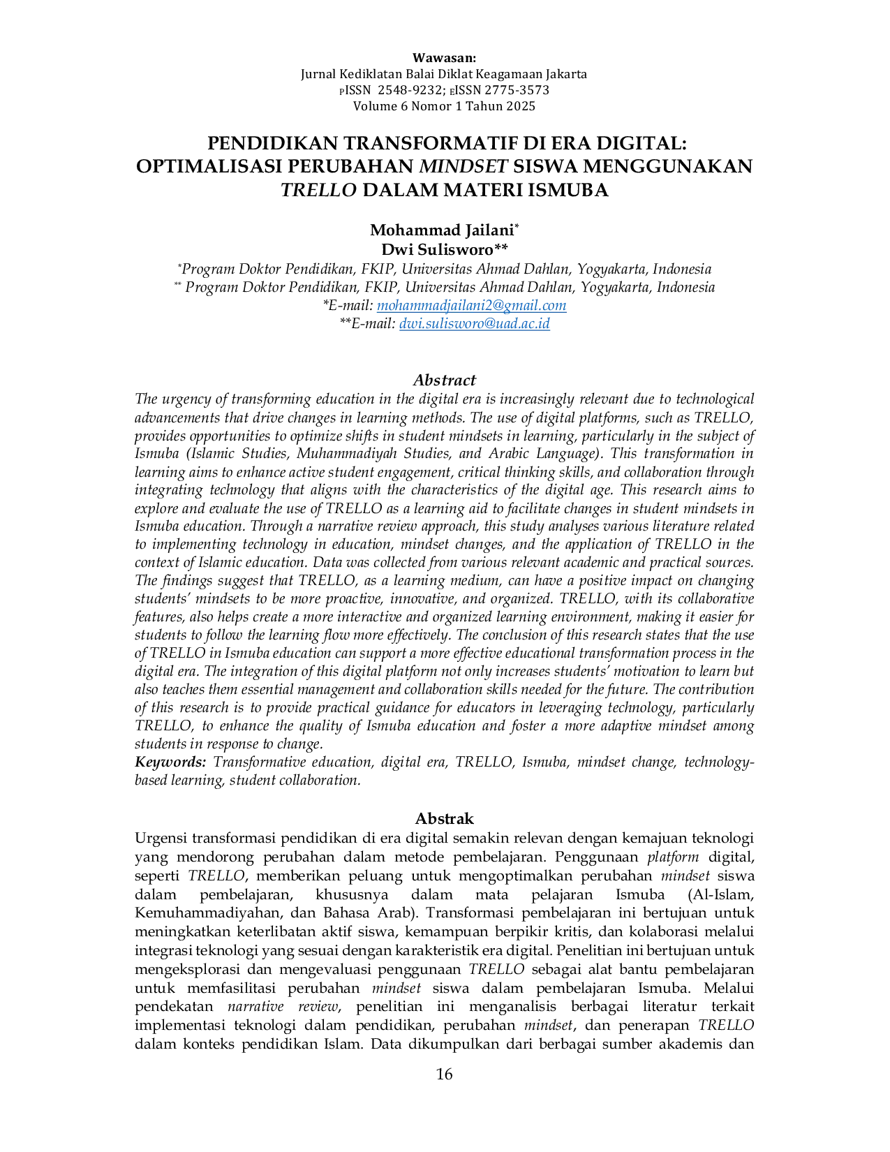 JURIS Pendidikan Transformatif Di Era Digital Optimalisasi Perubahan Mindset Siswa Menggunakan Trello Dalam Materi Ismuba