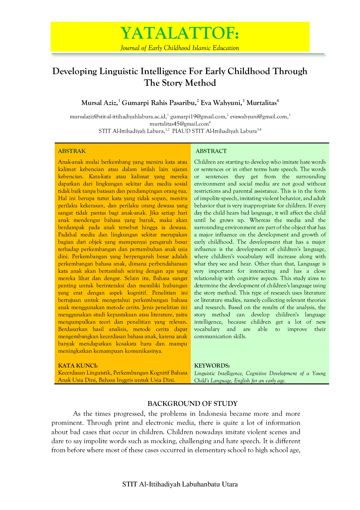 JURIS Developing Linguistic Intelligence For Early Childhood Through The Story Method