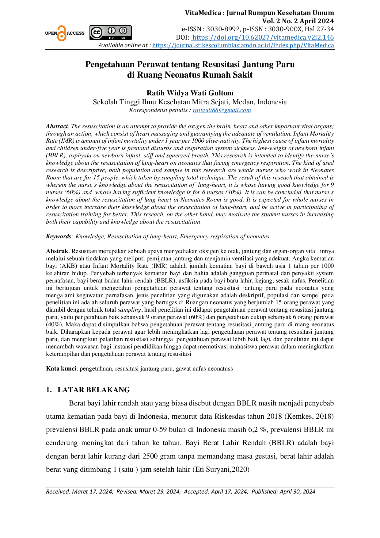 JURIS Pengetahuan Perawat tentang Resusitasi Jantung Paru di Ruang Neonatus Rumah Sakit