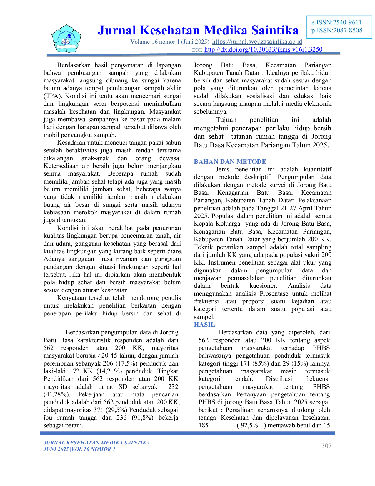 JURIS Penerapan Perilaku Hidup Bersih dan Sehat PHBS Tatanan Rumah Tangga di Jorong Batu Basa Kecamatan Pariangan