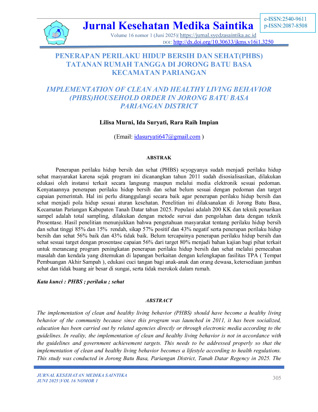 JURIS Penerapan Perilaku Hidup Bersih dan Sehat PHBS Tatanan Rumah Tangga di Jorong Batu Basa Kecamatan Pariangan