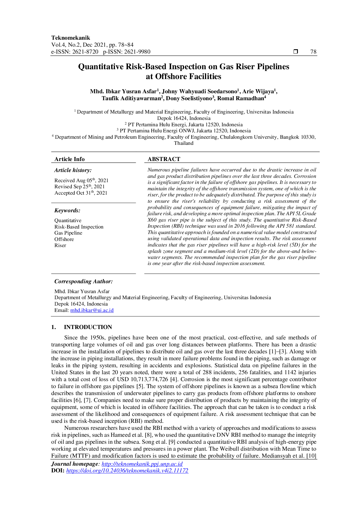 juris Quantitative Risk Based Inspection on Gas Riser Pipelines at Offshore Facilities