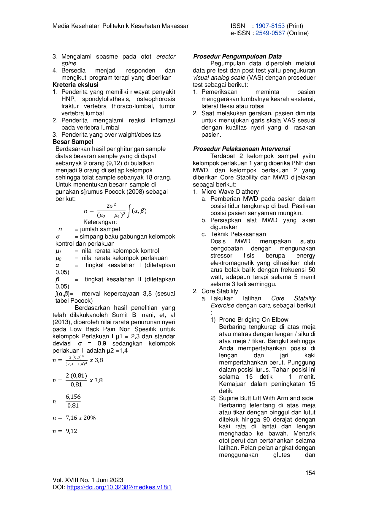 JURIS Propioceptive Neuromuscular Lebih Baik Daripada Core Stability Pada Penurunan Nyeri Low Back Pain Non Spesifik Di RSAD TK II Pelamonia Makassar