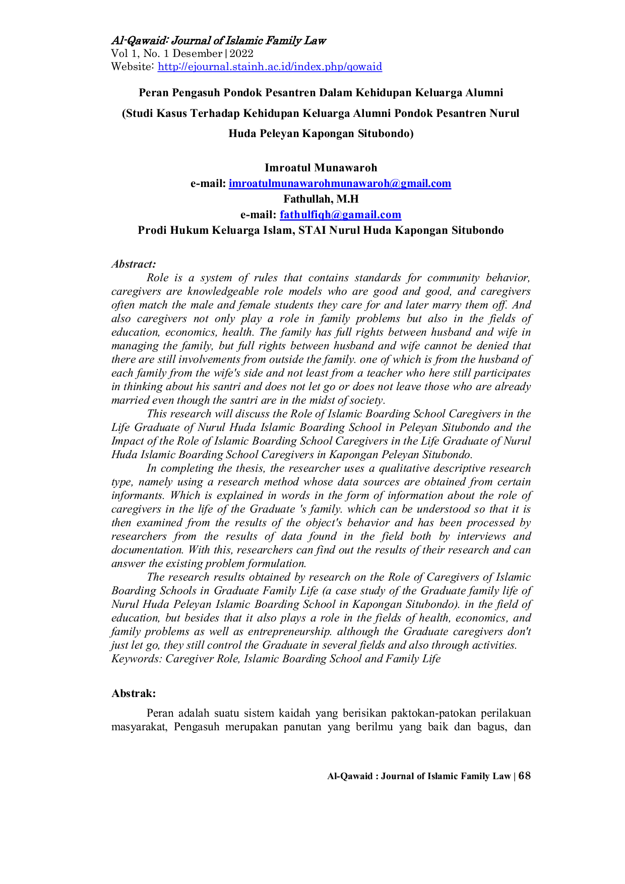 JURIS Peran Pengasuh Pondok Pesantren Dalam Kehidupan Keluarga Alumni Studi Kasus Terhadap Kehidupan Keluarga Alumni Pondok Pesantren Nurul Huda Peleyan Kapongan Situbondo