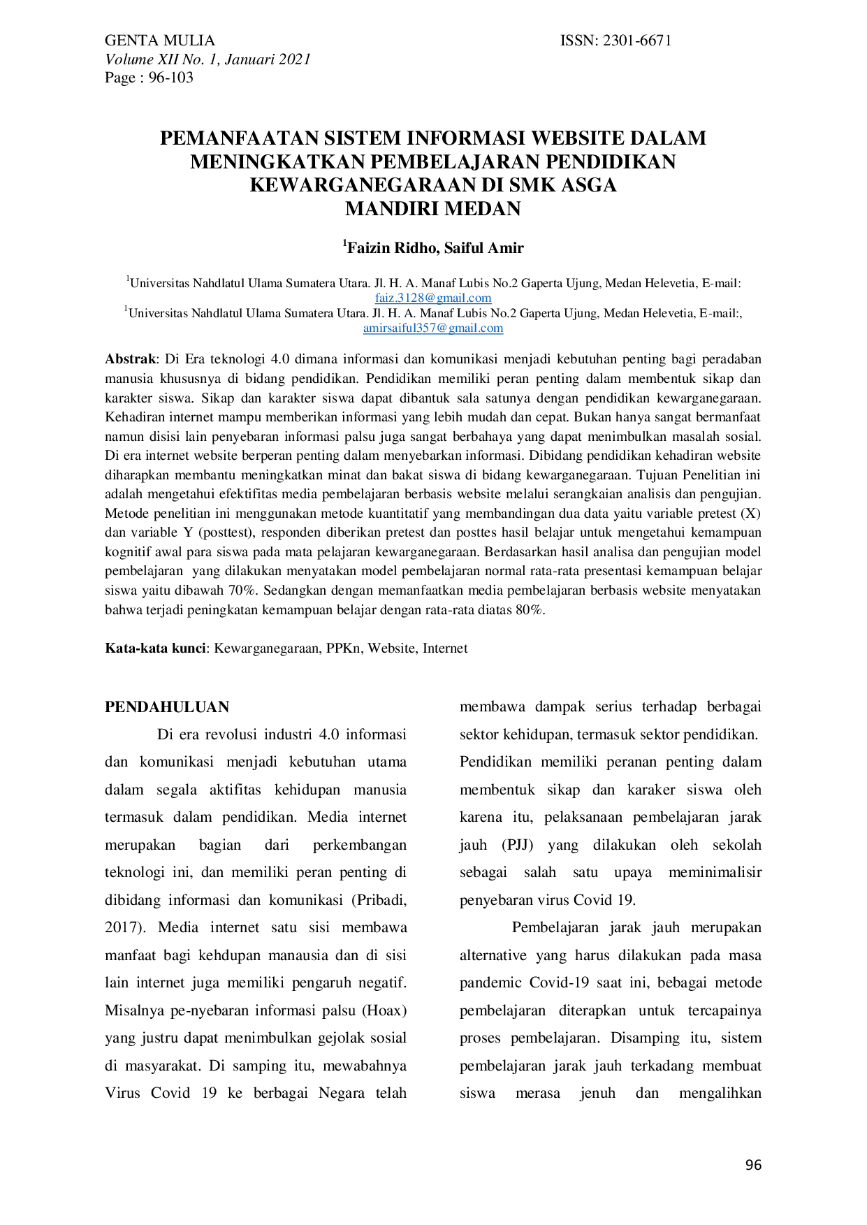JURIS Pemanfaatan Sistem Informasi Website Dalam Meningkatkan Pembelajaran Pendidikan Kewarganegaraan Di SMK Asga Mandiri Medan
