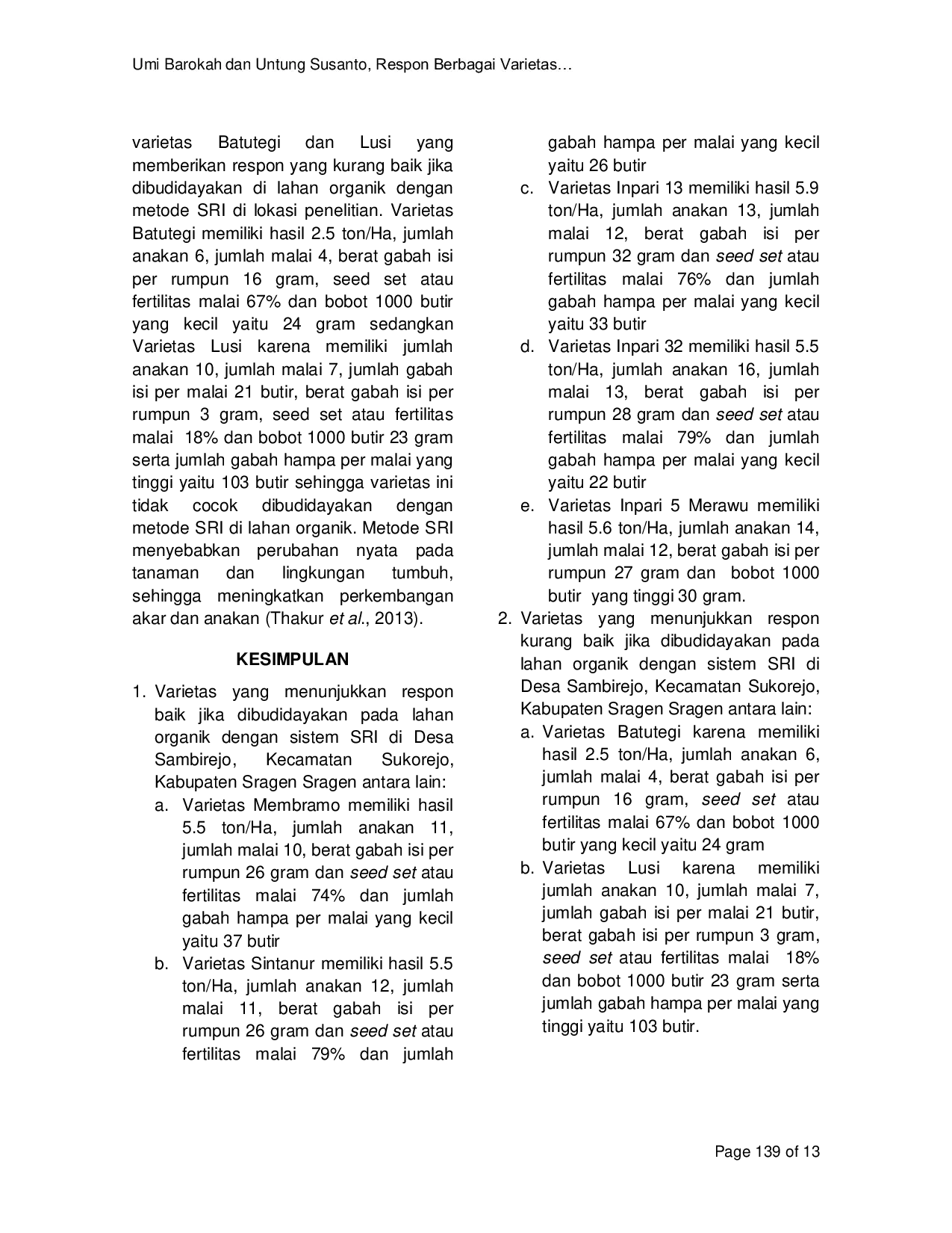 JURIS Respon Berbagai Varietas Padi pada Lahan Organik dengan System of Rice Intensification SRI di Sragen