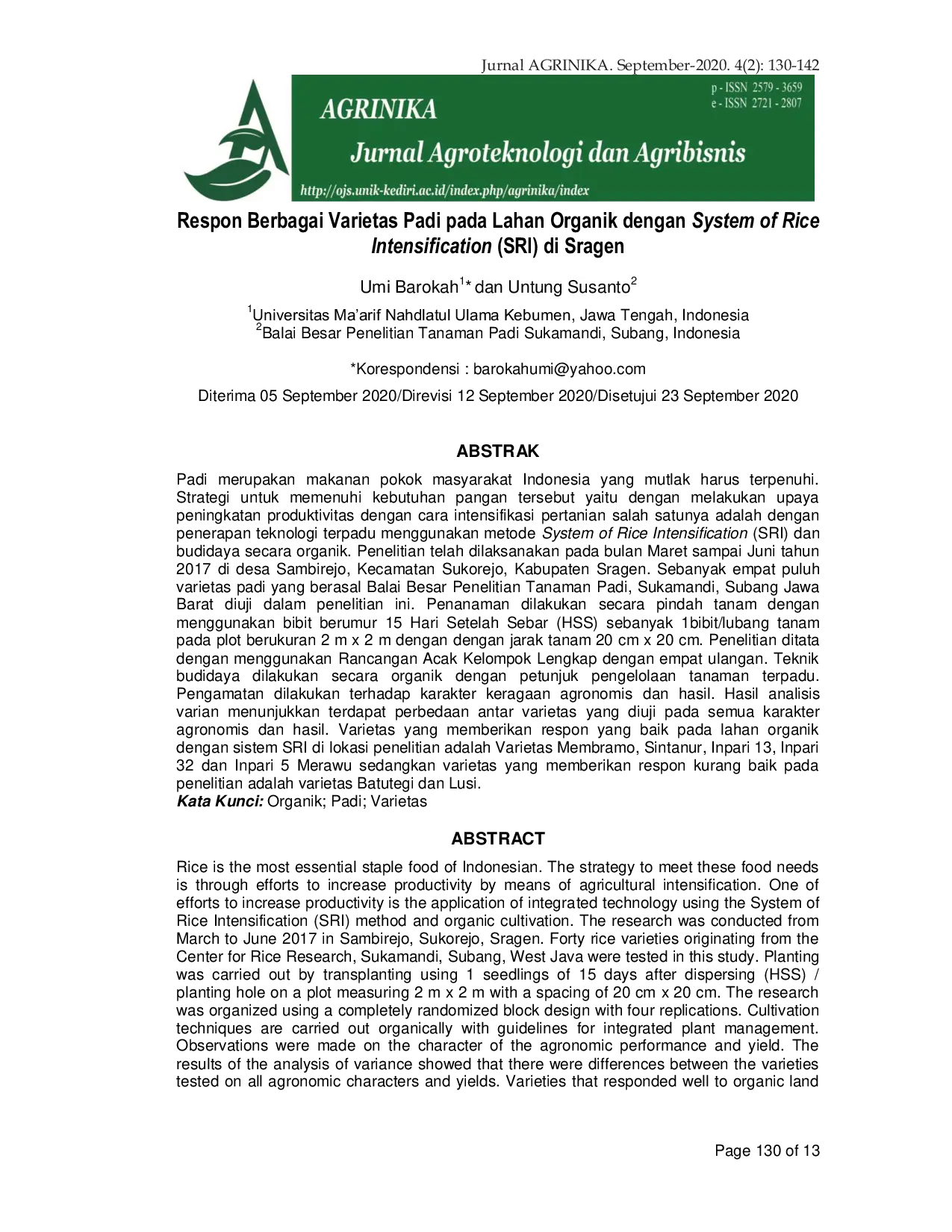 JURIS Respon Berbagai Varietas Padi pada Lahan Organik dengan System of Rice Intensification SRI di Sragen
