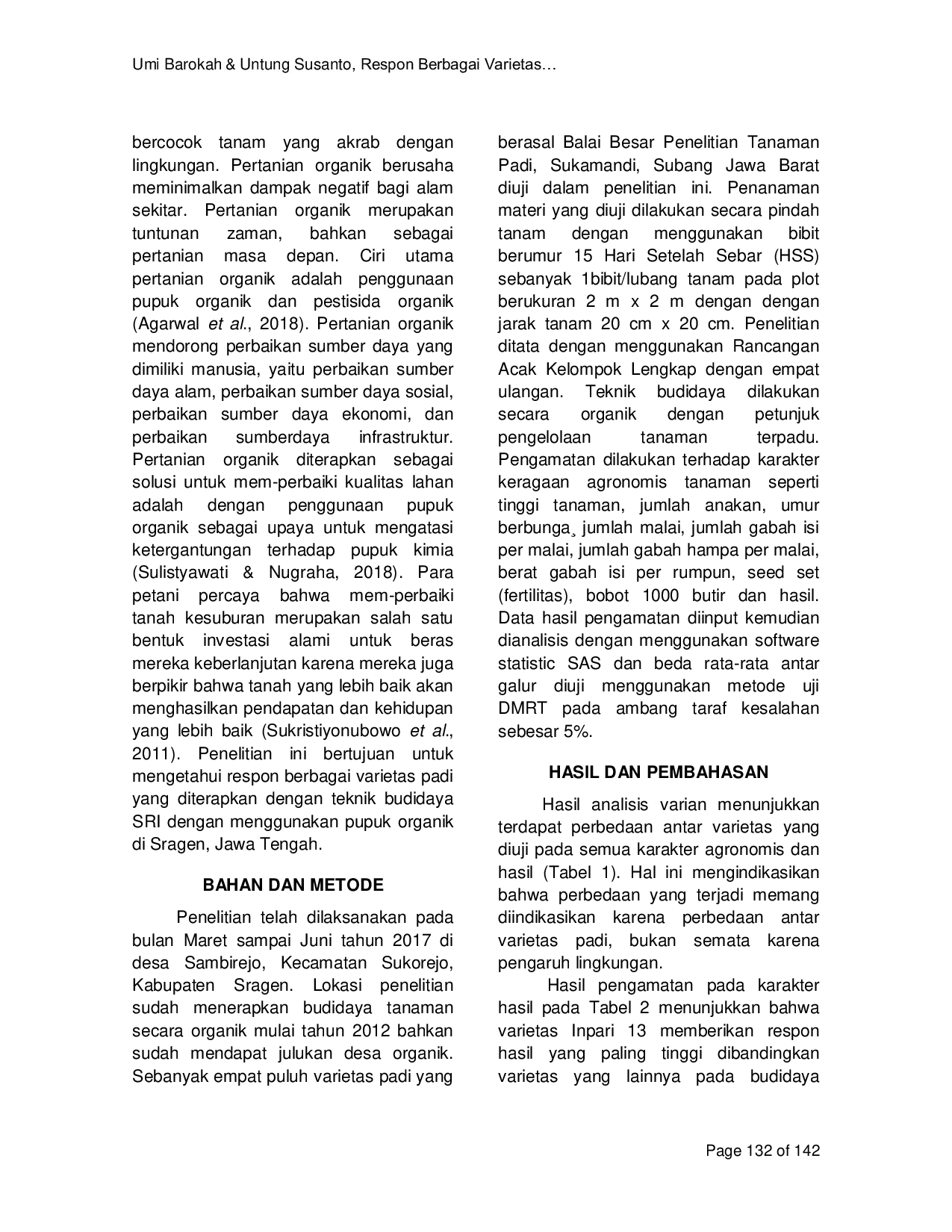 JURIS Respon Berbagai Varietas Padi pada Lahan Organik dengan System of Rice Intensification SRI di Sragen