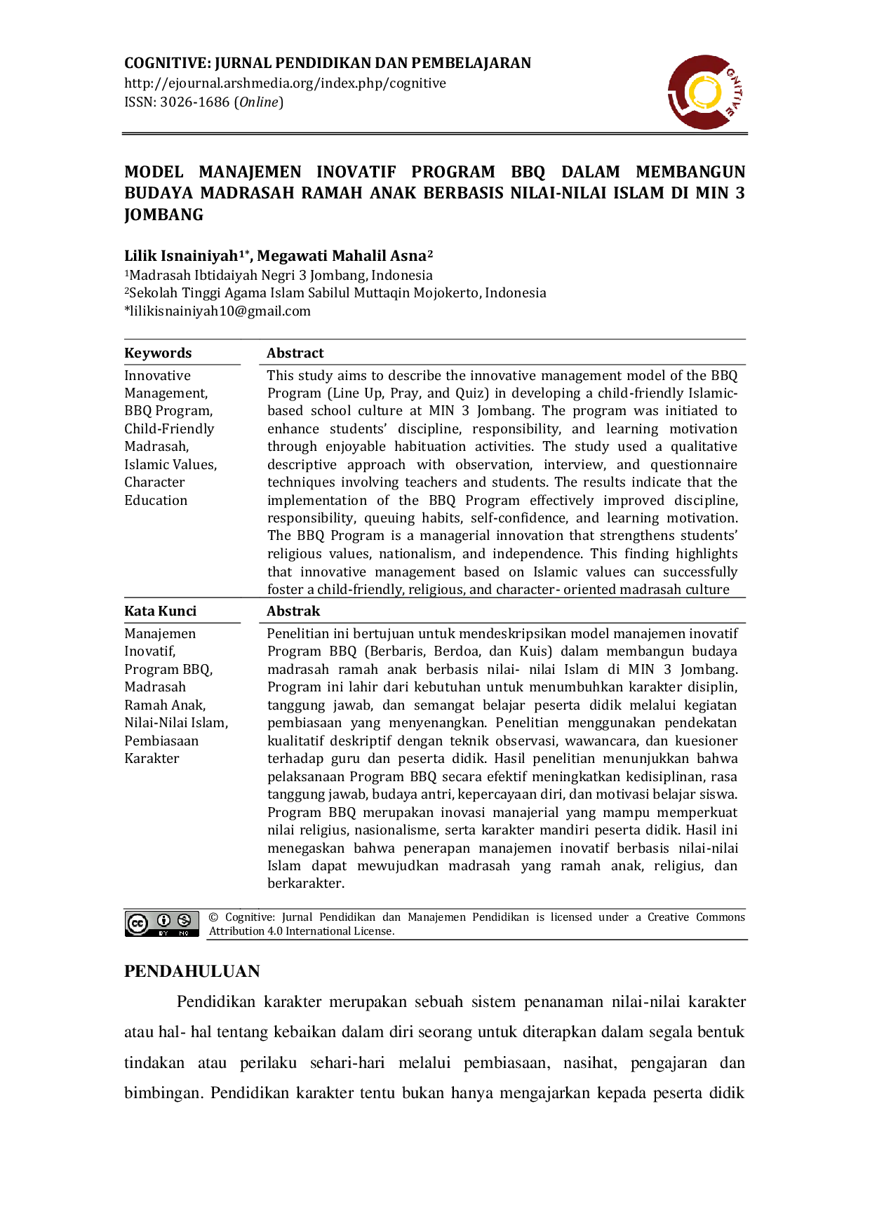 JURIS Model Manajemen Inovatif Program BBQ dalam Membangun Budaya Madrasah Ramah Anak Berbasis Nilai Nilai Islam di MIN 3 Jombang