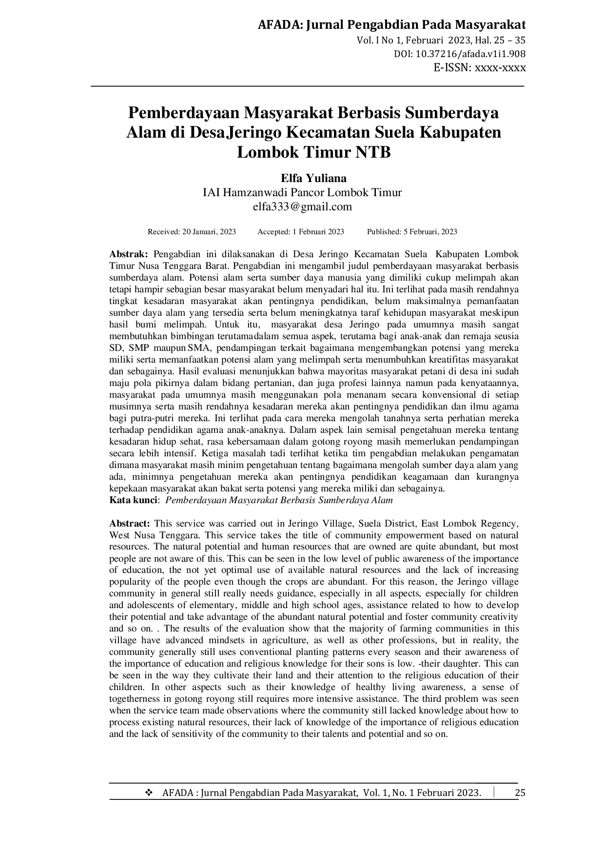 JURIS Pemberdayaan Masyarakat Berbasis Sumberdaya Alam di Desa Jeringo Kecamatan Suela Kabupaten Lombok Timur NTB