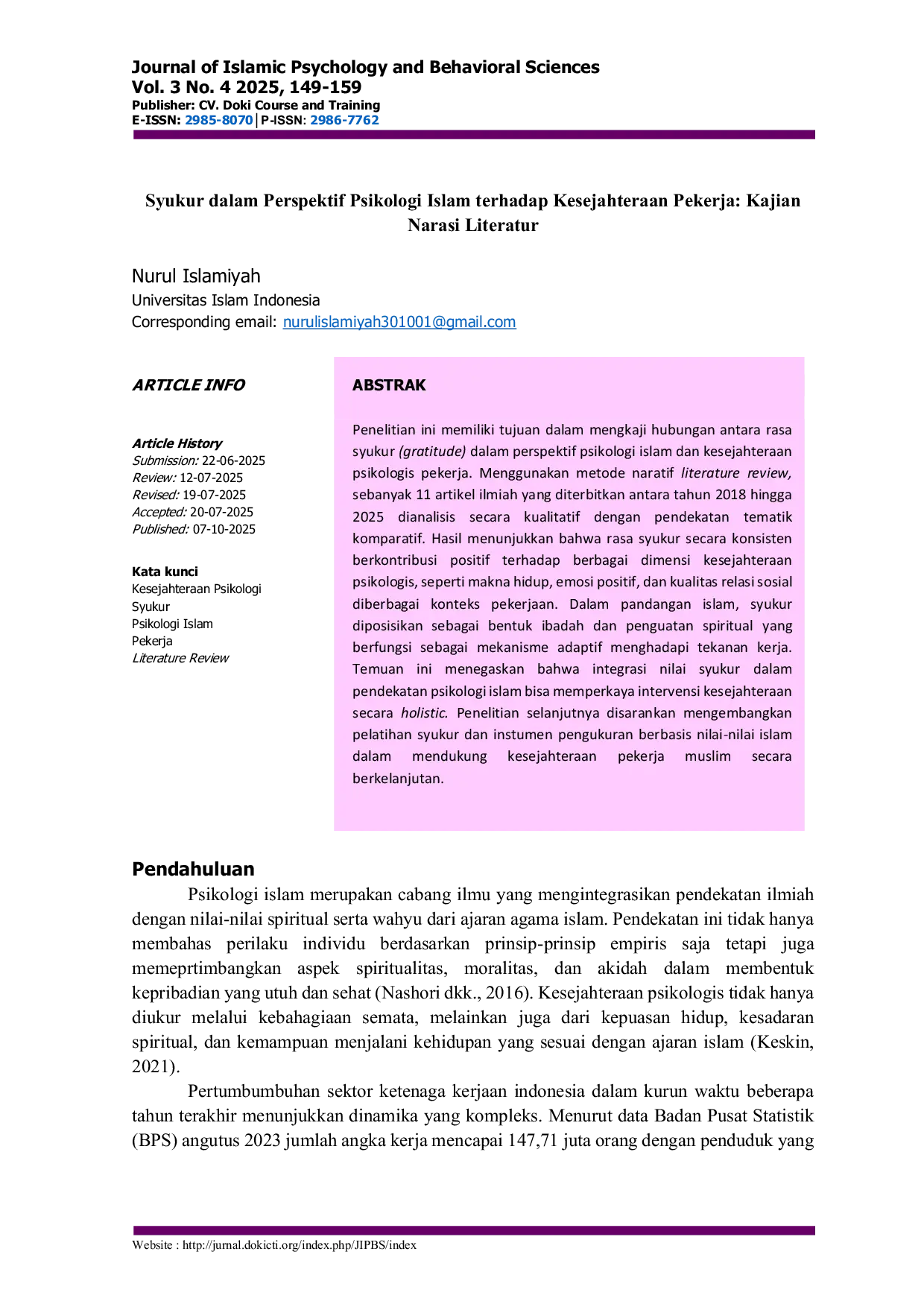 JURIS Syukur dalam Perspektif Psikologi Islam terhadap Kesejahteraan Pekerja Kajian Narasi Literatur